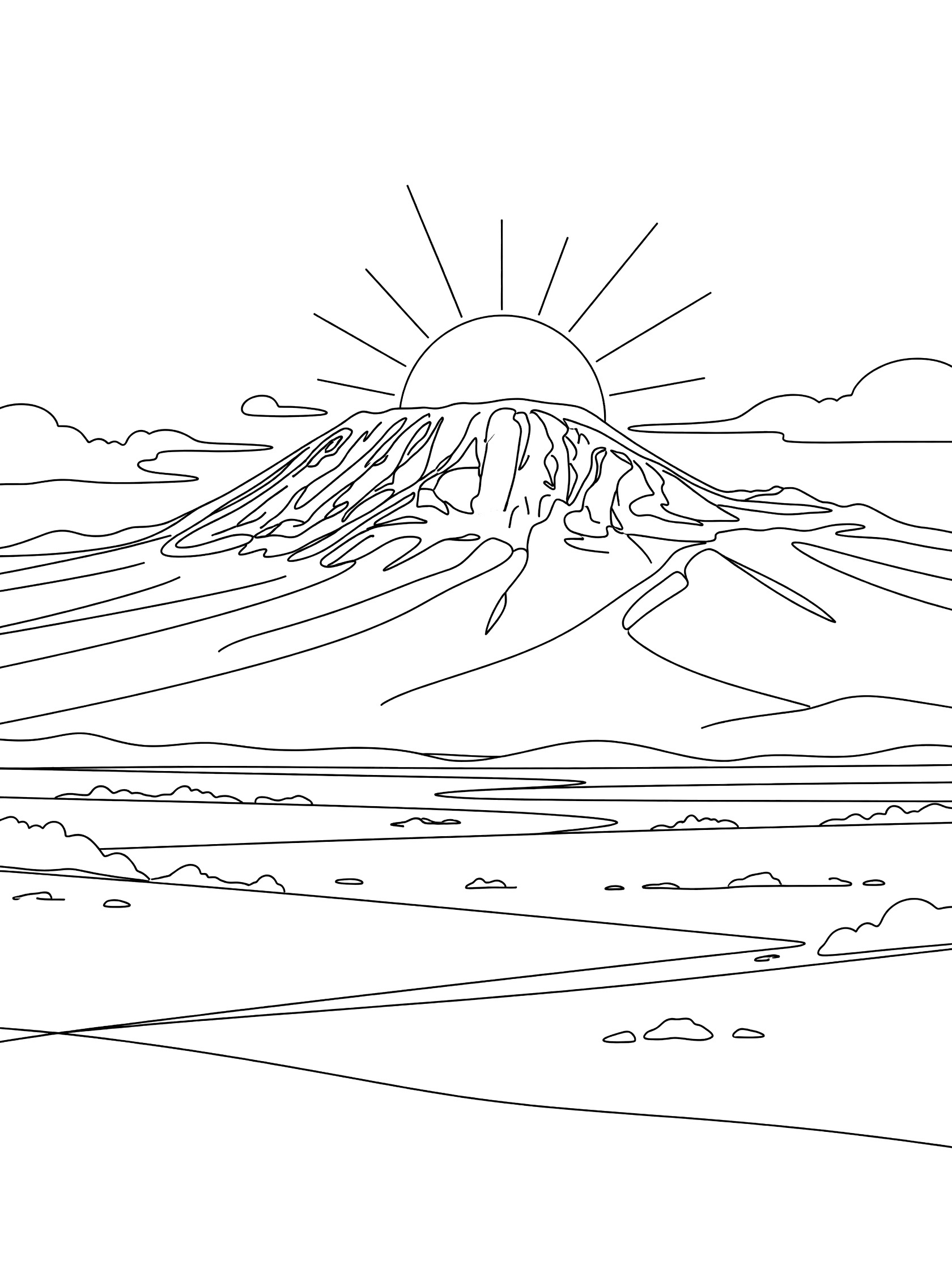 Black and white line art coloring page showing a tall jagged mountain peak with a large sun rising behind it, rays spreading out, wispy clouds near the top, and flat plains with bushes and rocks in front. Mount Kilimanjaro themed black and white printable line art