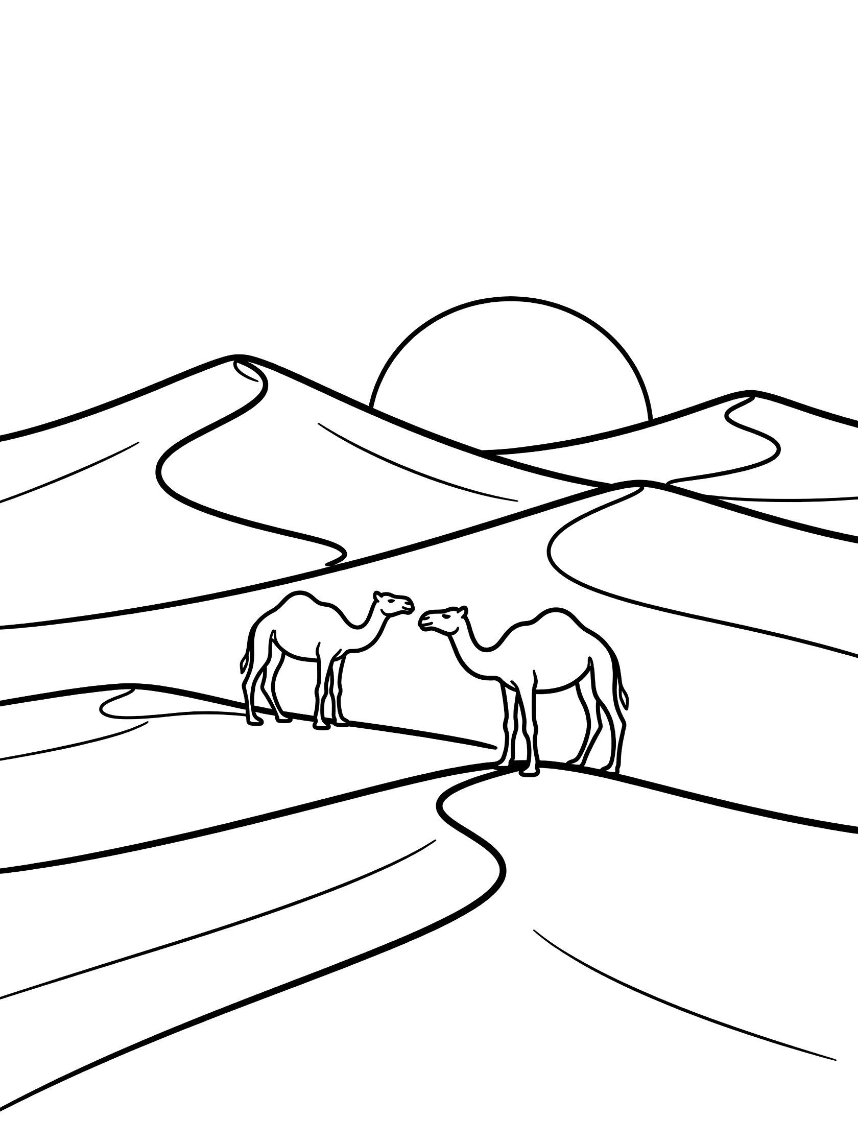 Line art coloring page showing two camels walking in the Arabian Desert with towering dunes and a large setting sun behind them.