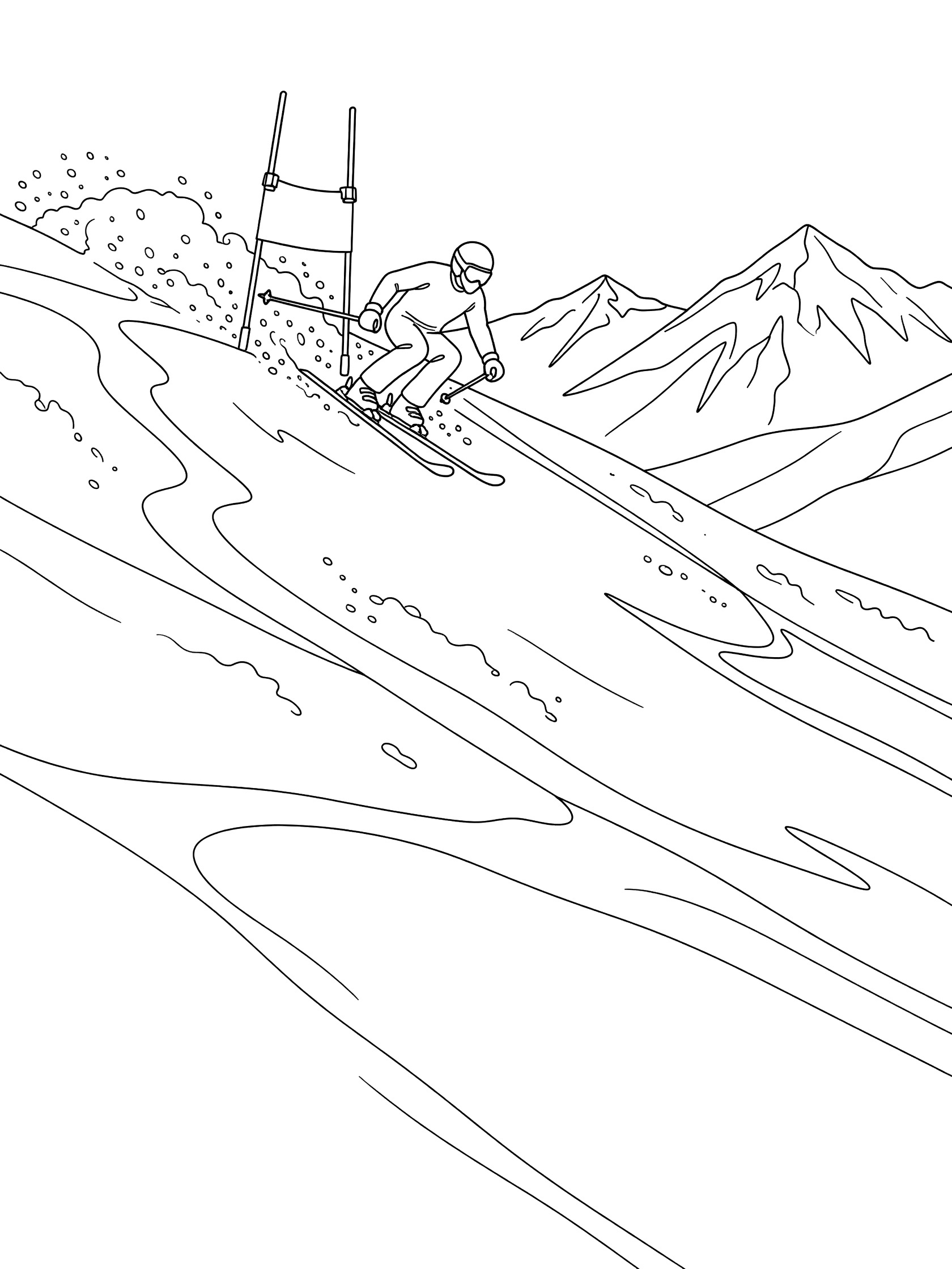 Black and white coloring page of a Super-G skier exploding from the starting gate down a steep mountain run with powder snow and distant peaks