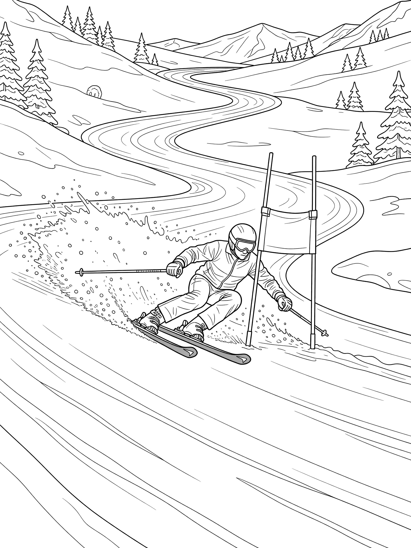 Black-and-white coloring page of a skier in Super-G making a sharp turn around a gate, skis spraying snow on a winding icy slope with pine trees and mountains.