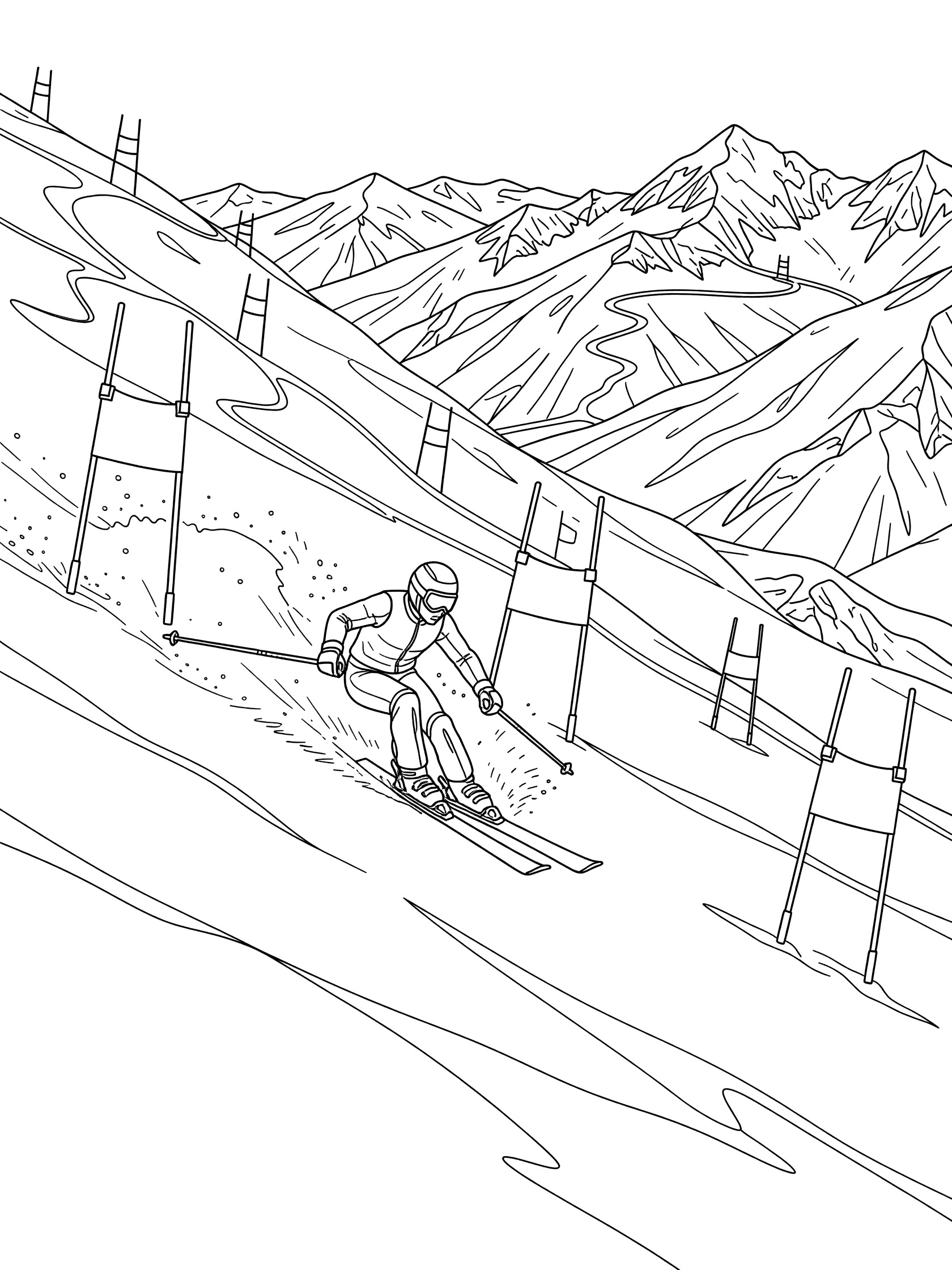 Black-and-white coloring page of a skier in Super-G action, speeding down a steep slope lined with gates, snow flying, and vast mountain panorama behind.
