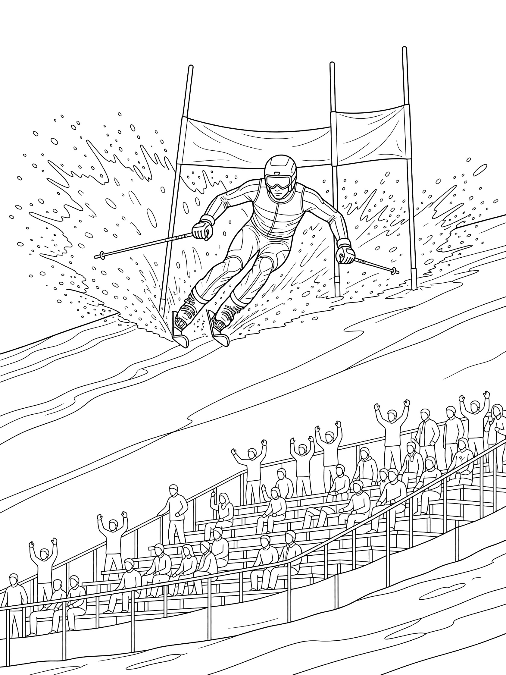 Black and white coloring page of Super-G skier racing across finish line with flags, skis spraying snow rooster tails, and spectator stands at the slope base