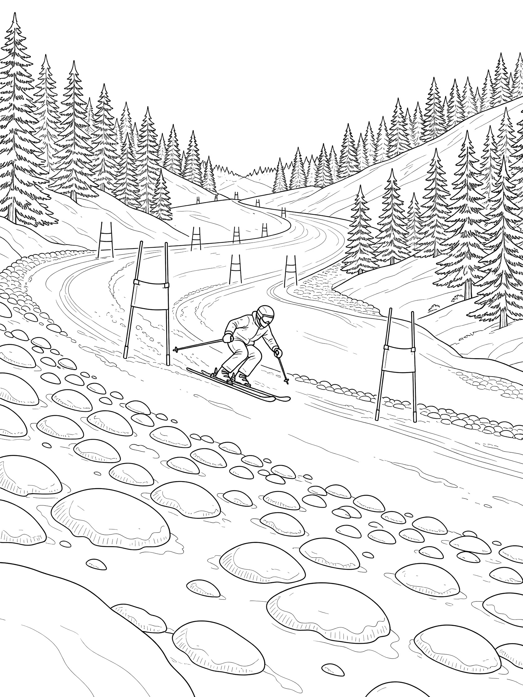 Black-and-white line art of a Super-G skier in action, bending knees to absorb moguls while skiing past gates on a bumpy snow slope with pine trees in the background.