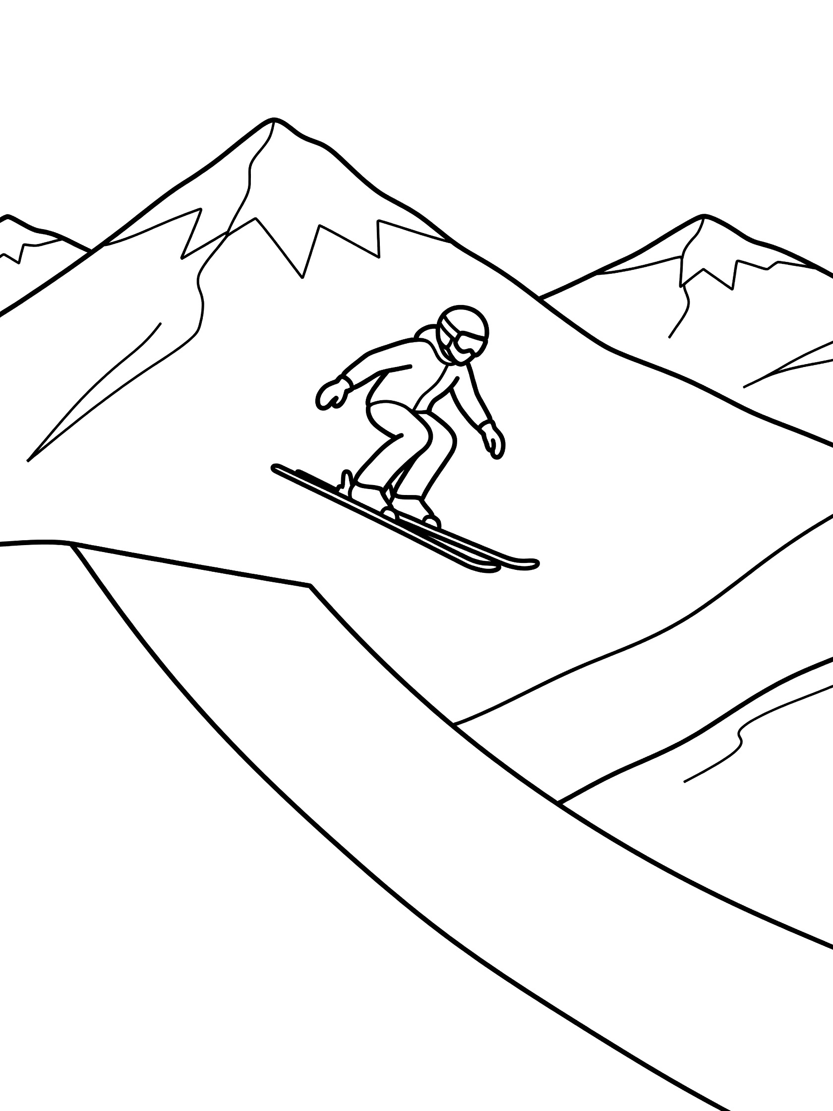 Black and white line art of a skier jumping high off a snow ramp in a Super-G race, skis parallel, arms forward, snowy peaks behind under clear sky