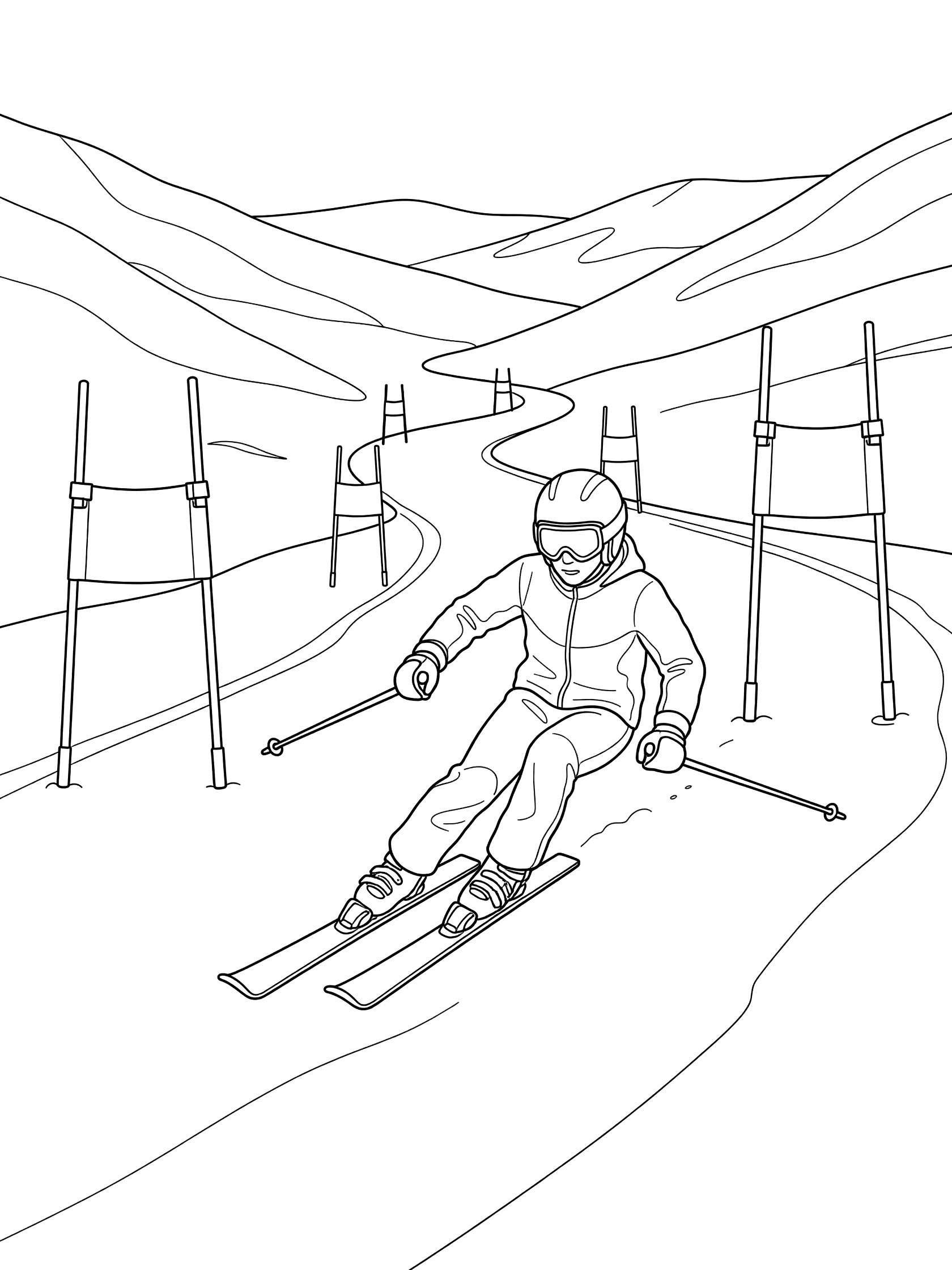 Black-and-white coloring page of a skier in Super-G poling down a straightaway with gates on both sides, snowy valley in background.