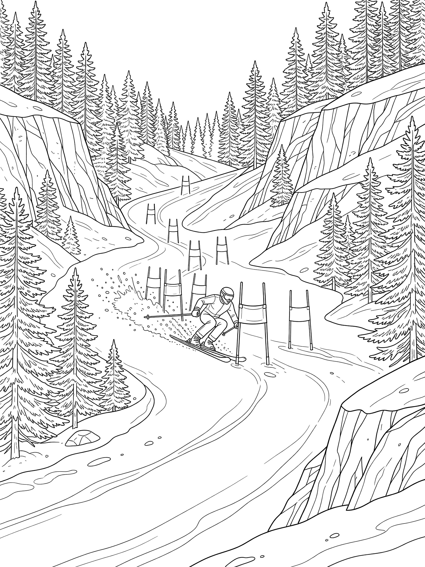Black-and-white coloring page of a Super-G skier tucked low racing toward closely spaced gates on a snowy slope with pine trees and cliffs.
