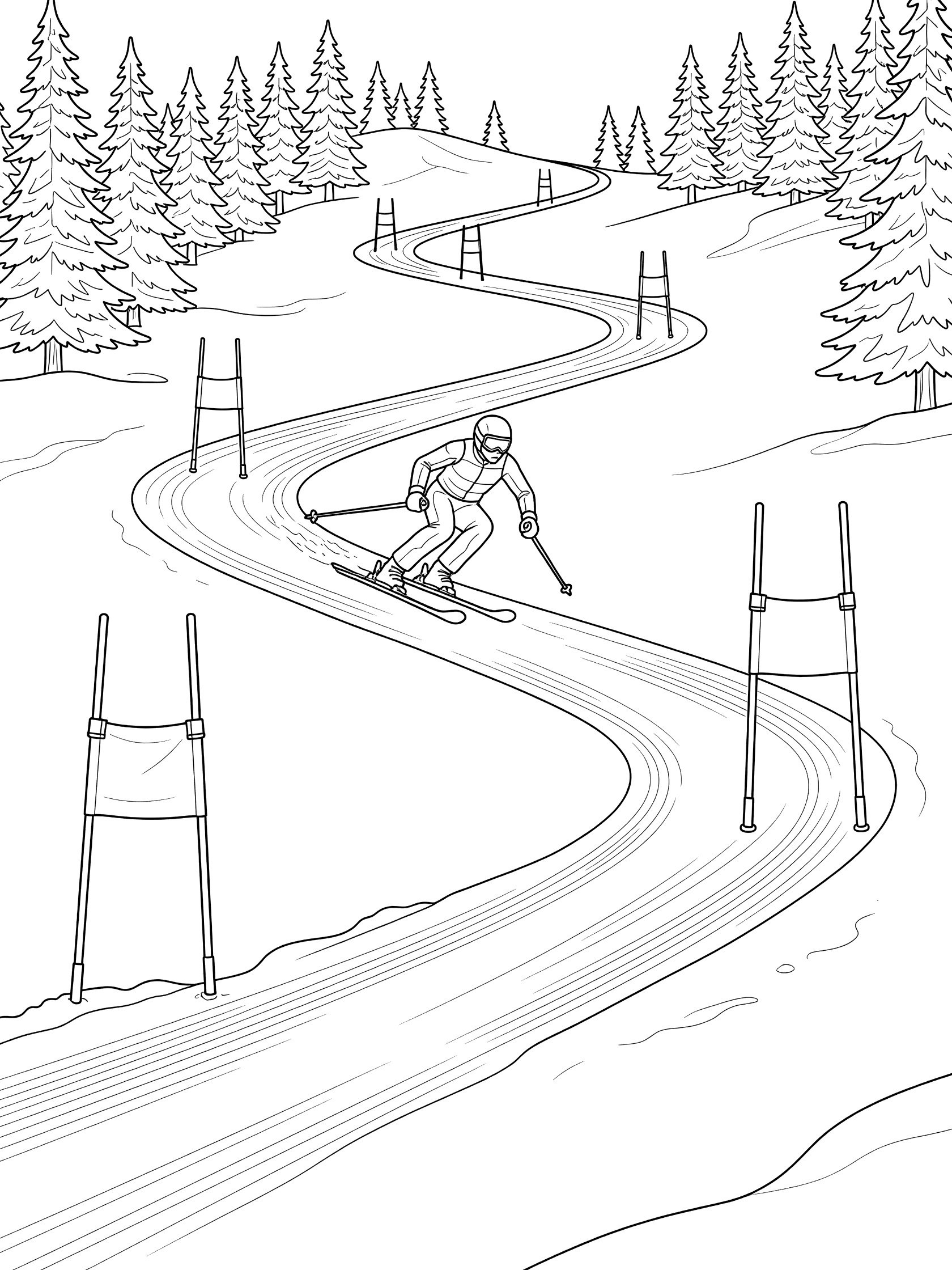 Black and white line art of a Super-G skier racing in tuck position, weaving through alternating red and white gates on a steep groomed snowy slope lined with pine trees.