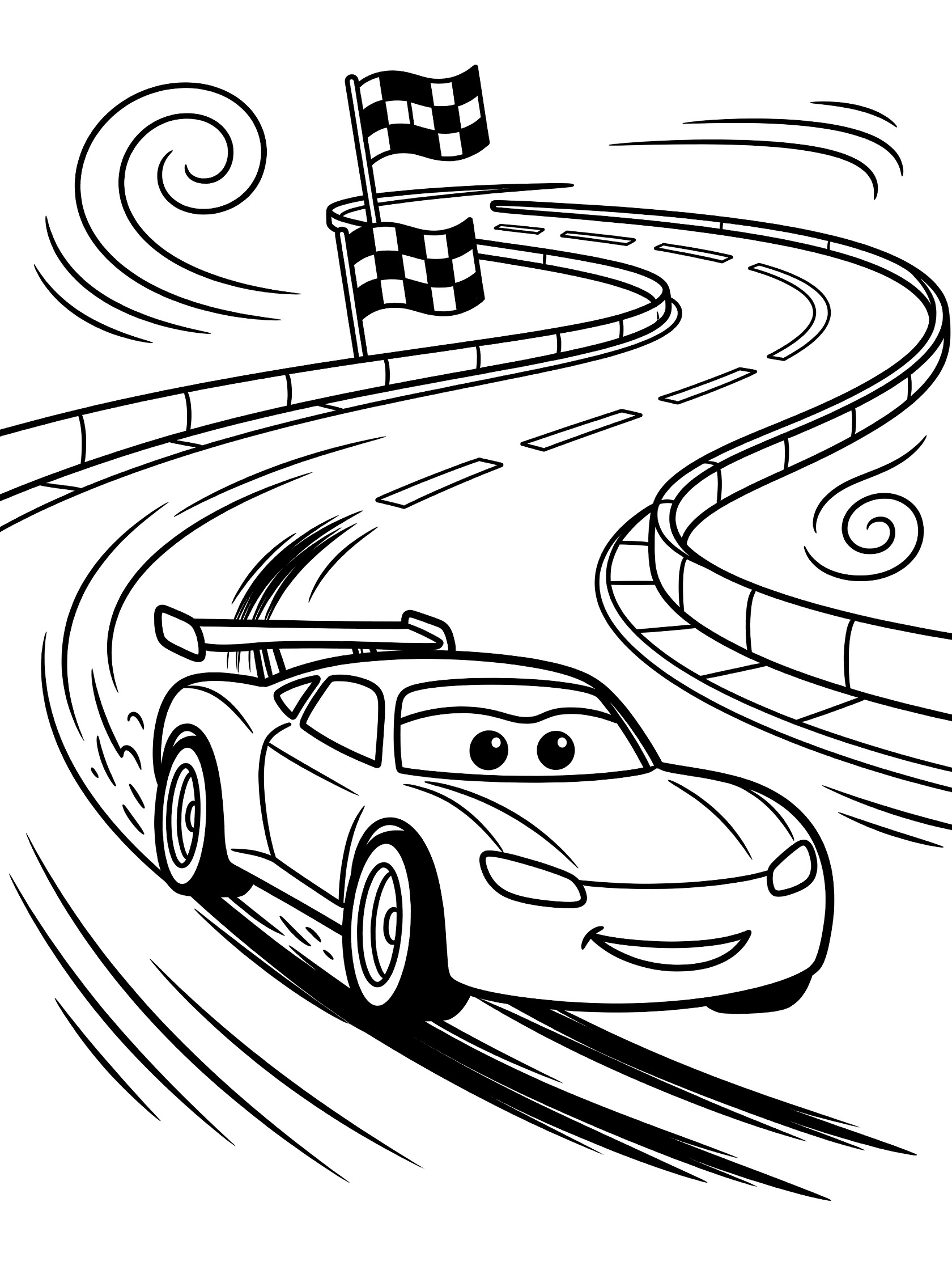 Cute cartoon super stock race car with eyes and smile drifting sideways on curving racetrack, rear tires sliding with skid marks, checkered flags, and motion swirls in black-and-white line art.