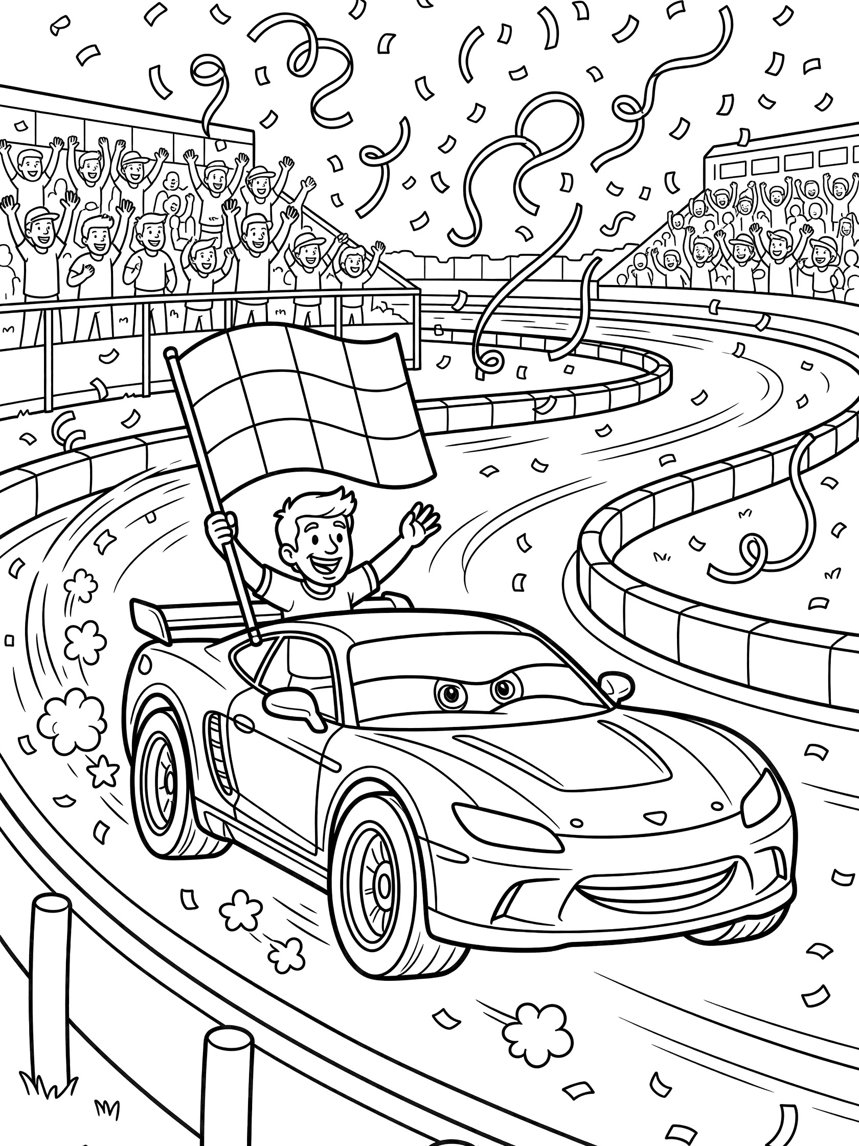 Black and white coloring page of super stock race car on victory lap, driver leaning out waving checkered flag, crowds cheering in grandstands, confetti and track barriers