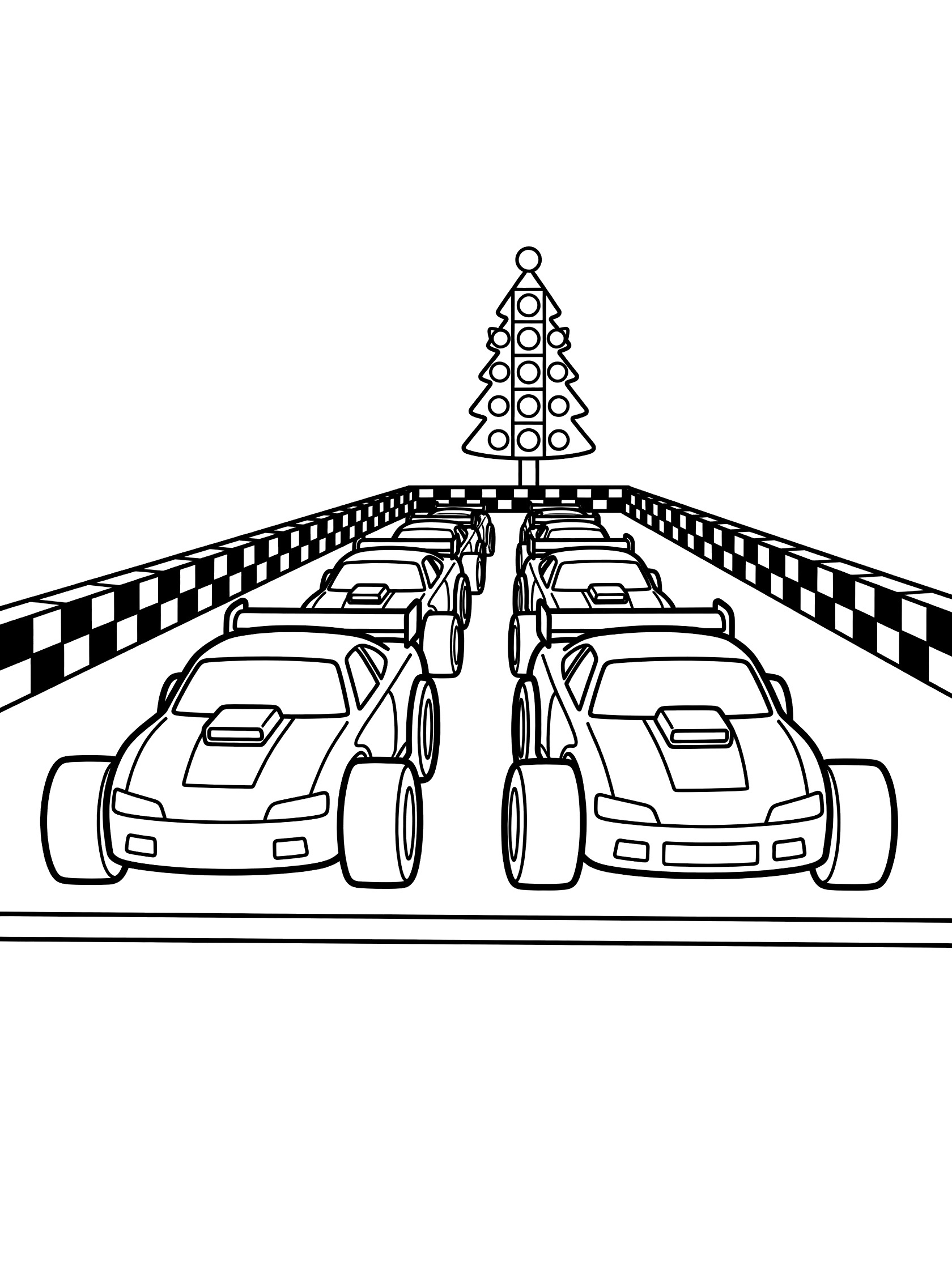 Black and white coloring page of super stock race cars at the start line with big tires, hood scoops, checkered flag barriers, and tall Christmas tree starting light.