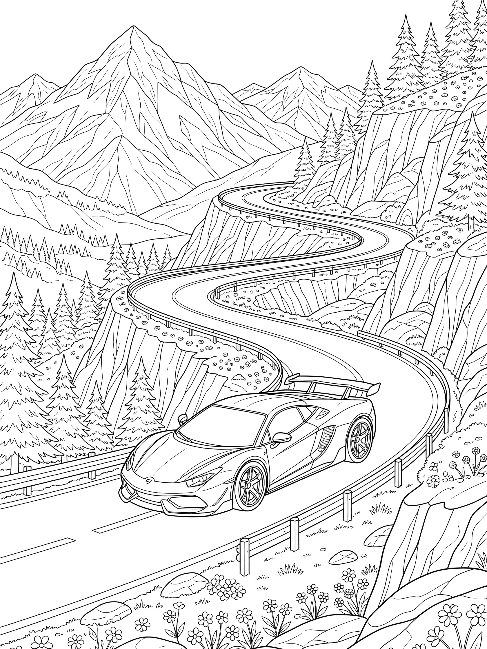 Black and white line art coloring page showing a supercar with spoiler and wide tires speeding up a winding mountain road surrounded by cliffs, pine trees, wildflowers, and tall snowy peaks. Supercars themed black and white printable line art