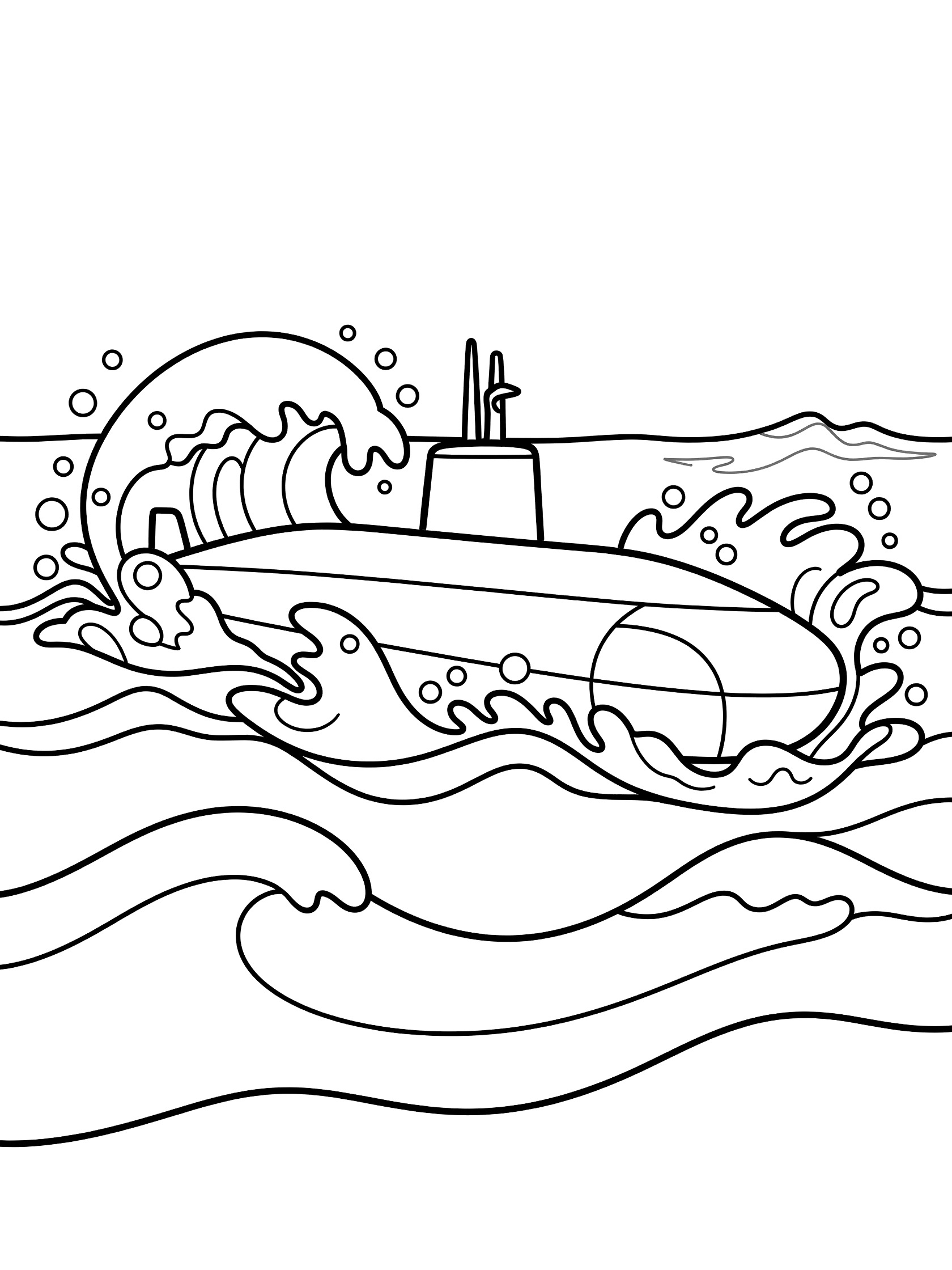 Black and white line art coloring page showing a military submarine emerging from the sea with waves, foam, and periscope