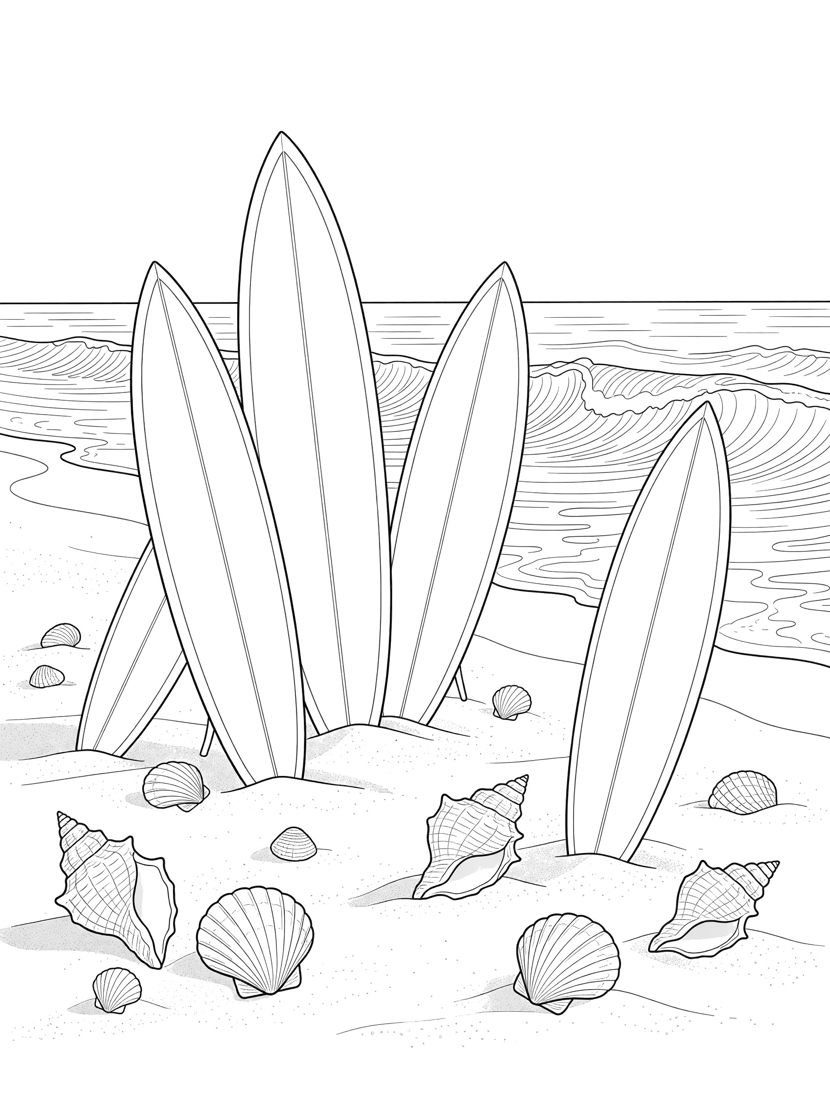 Black and white line art of several surfboards propped on sandy beach with rolling waves in background and seashells in sand. San Clemente themed black and white printable line art