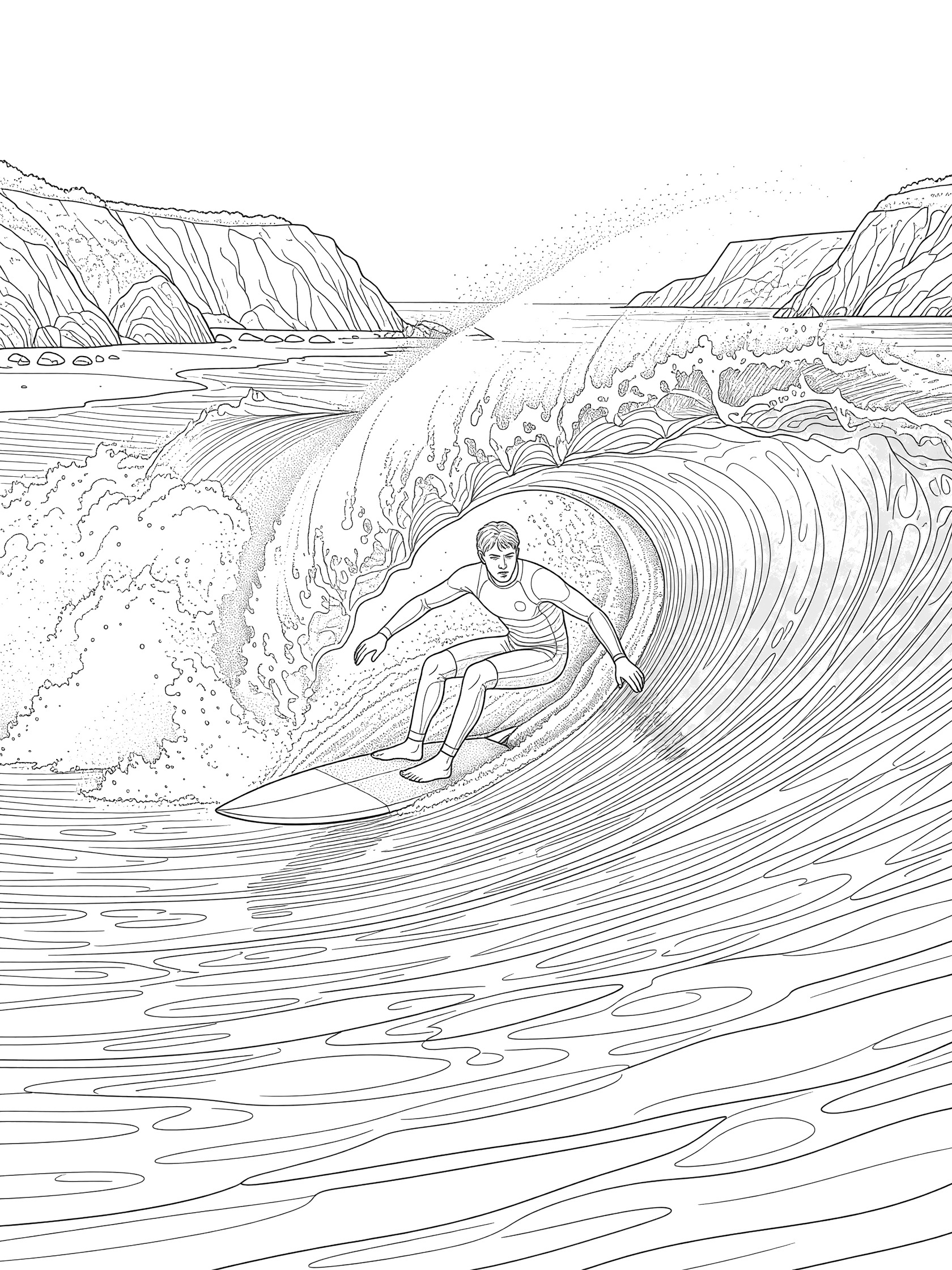 Black and white coloring page of a longboarding surfer performing a cutback turn on a steep wave with spray and background cliffs.