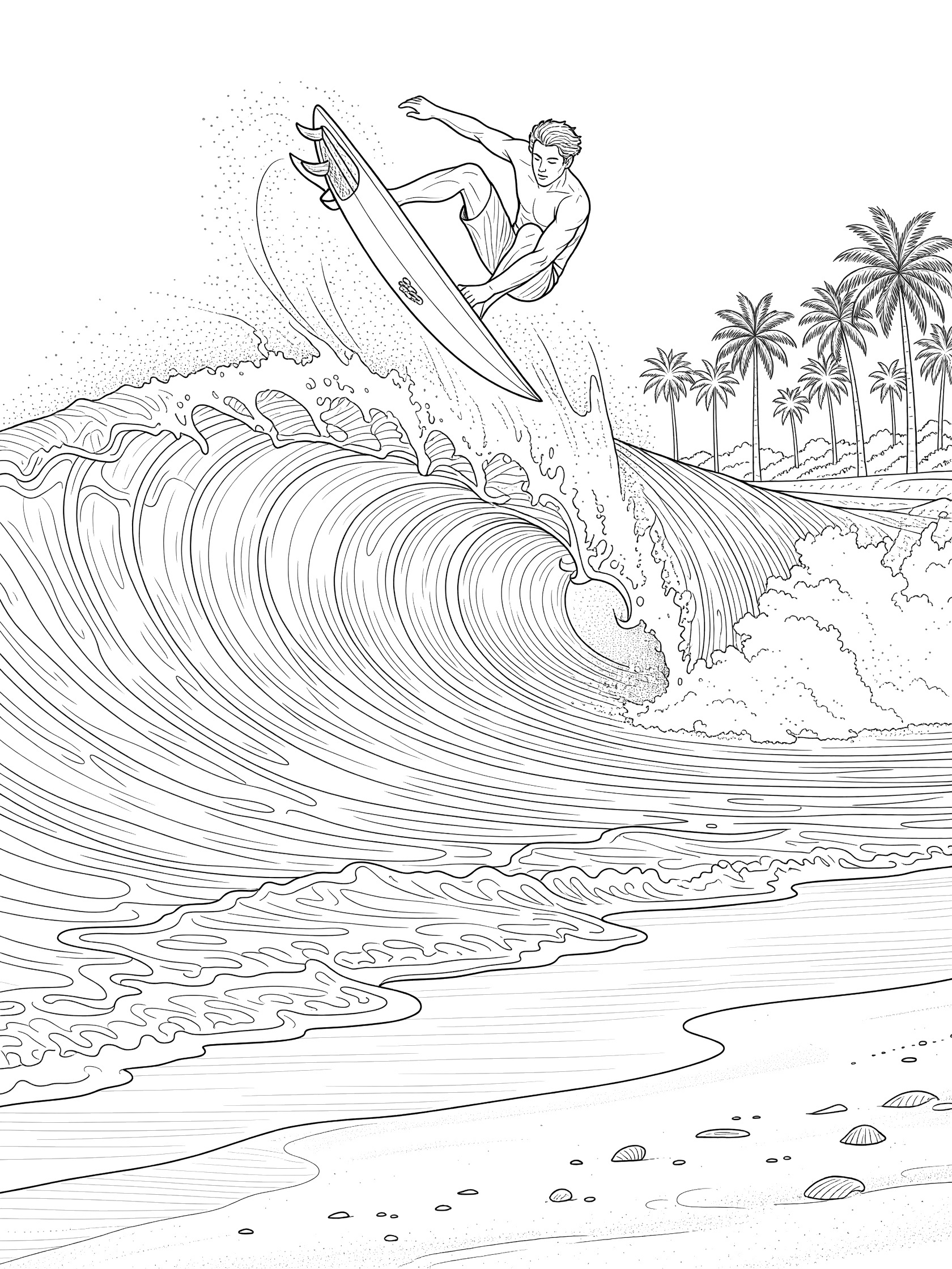 Line art coloring page showing a surfer in aerial surfing maneuver, rotating 360 mid-air while holding surfboard rails above a tall curling wave, sandy beach, and distant palm trees
