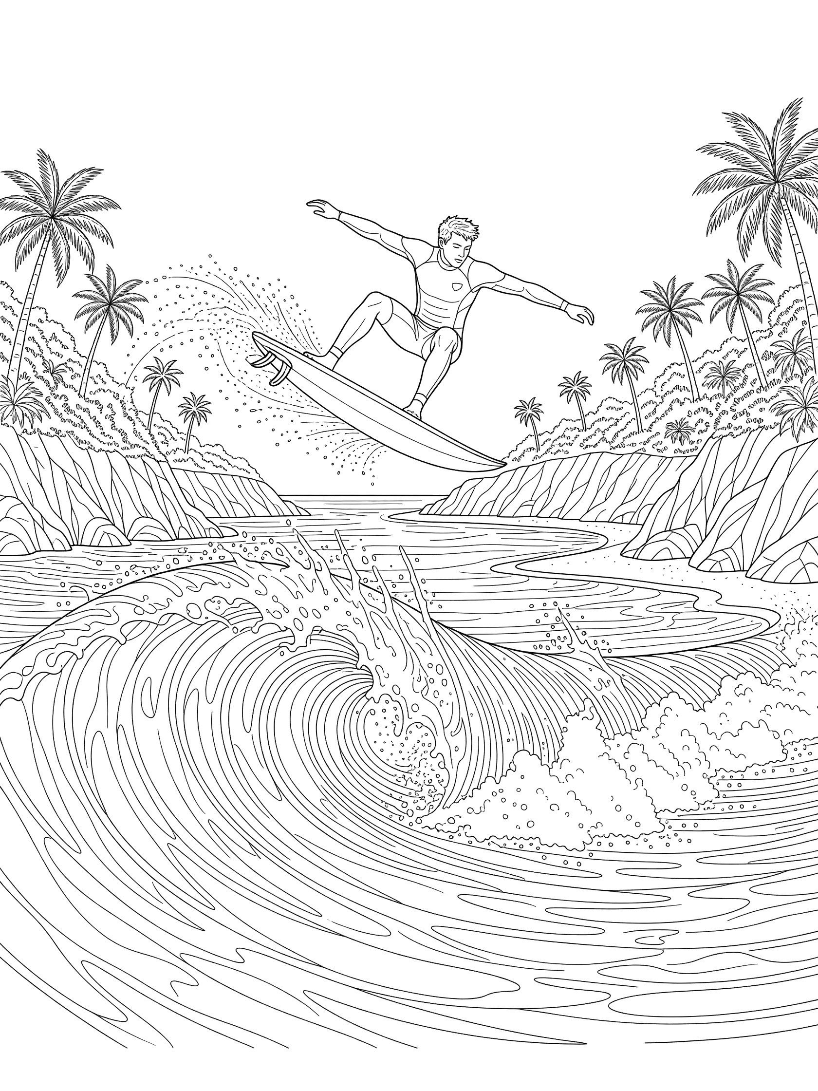 Black and white line art of a surfer in mid-air aerial trick on shortboard above tropical wave with palms and spray