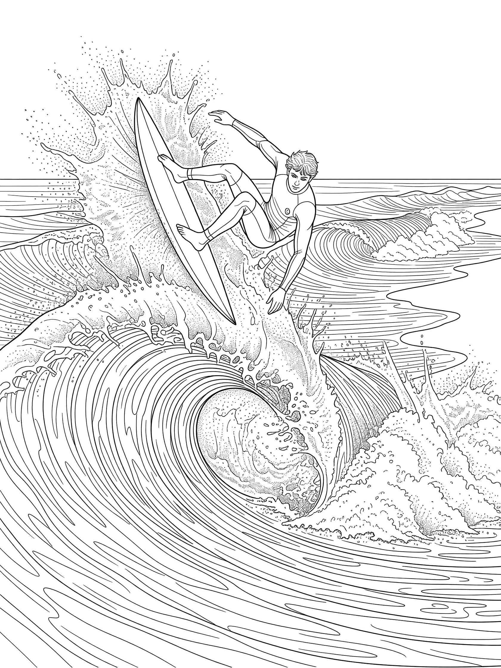 Line art coloring page showing a surfer mid-air in aerial surfing, grabbing the rail of his surfboard while twisting above a tall curling beach wave with explosive spray.