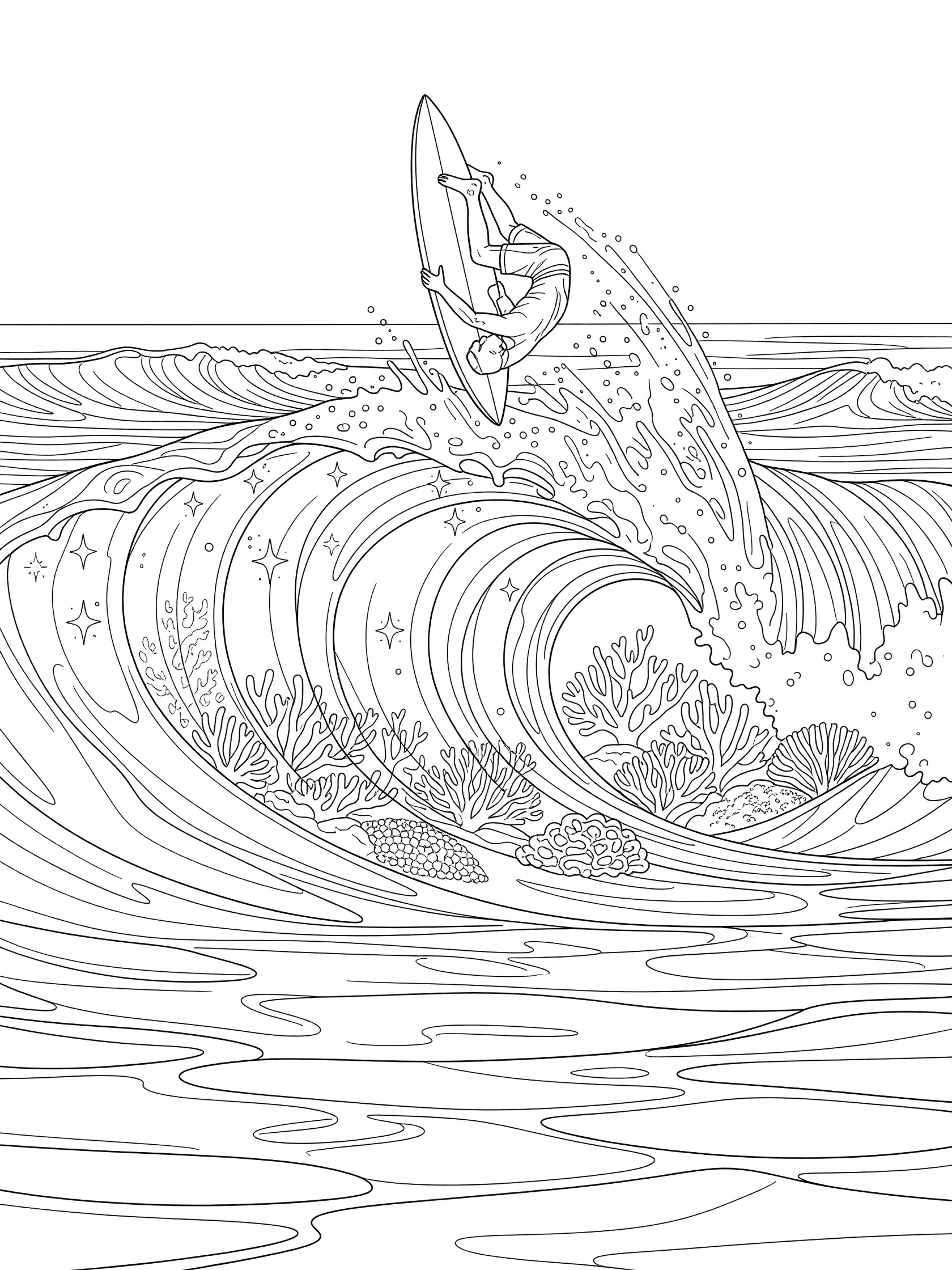 Black and white coloring page showing a surfer upside down on a surfboard during aerial surfing above a curling wave with coral patterns in the water.