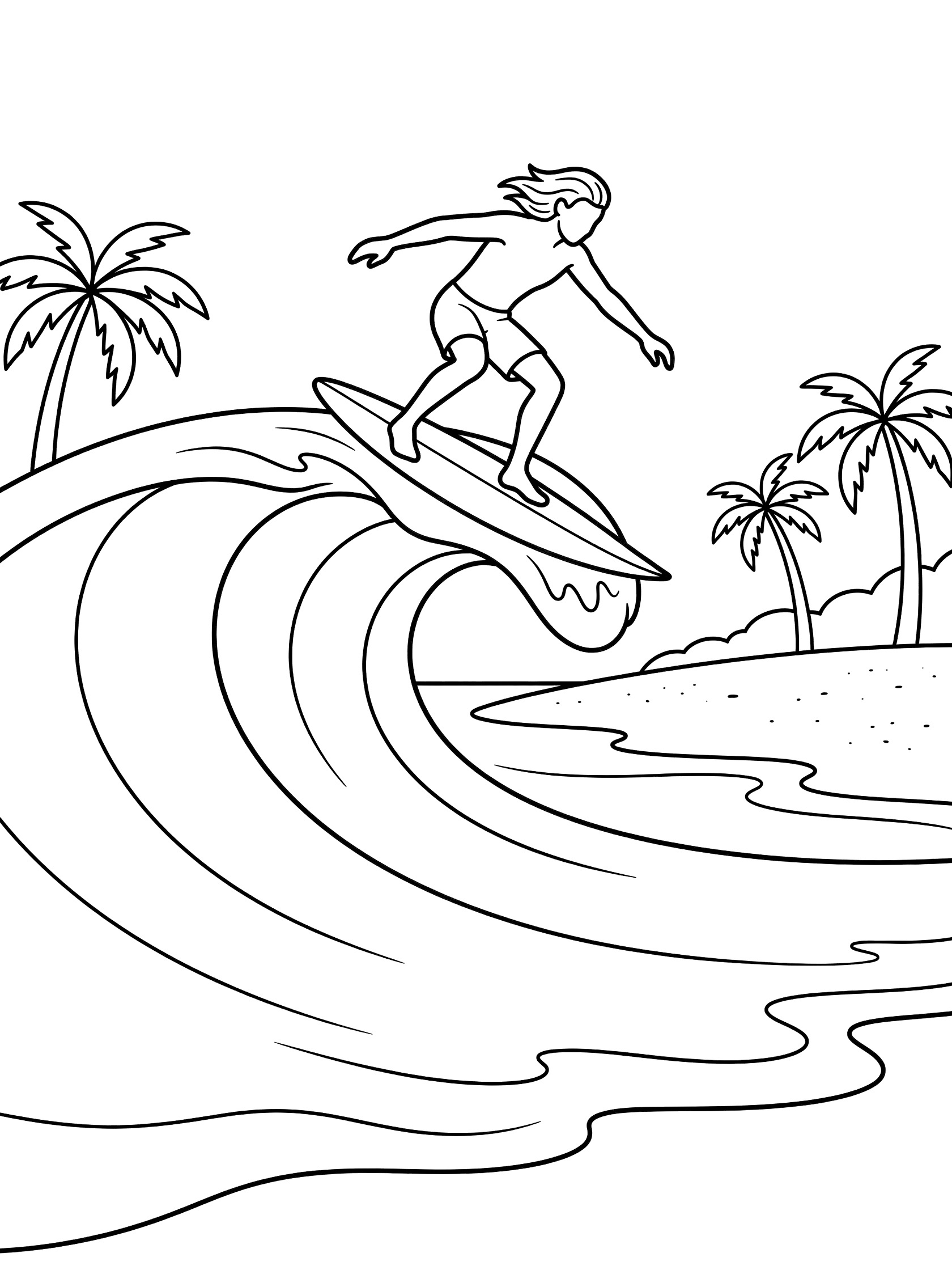 Line art coloring page showing a surfer with long hair gracefully landing his surfboard on a curling wave, with palm trees and beach in the background