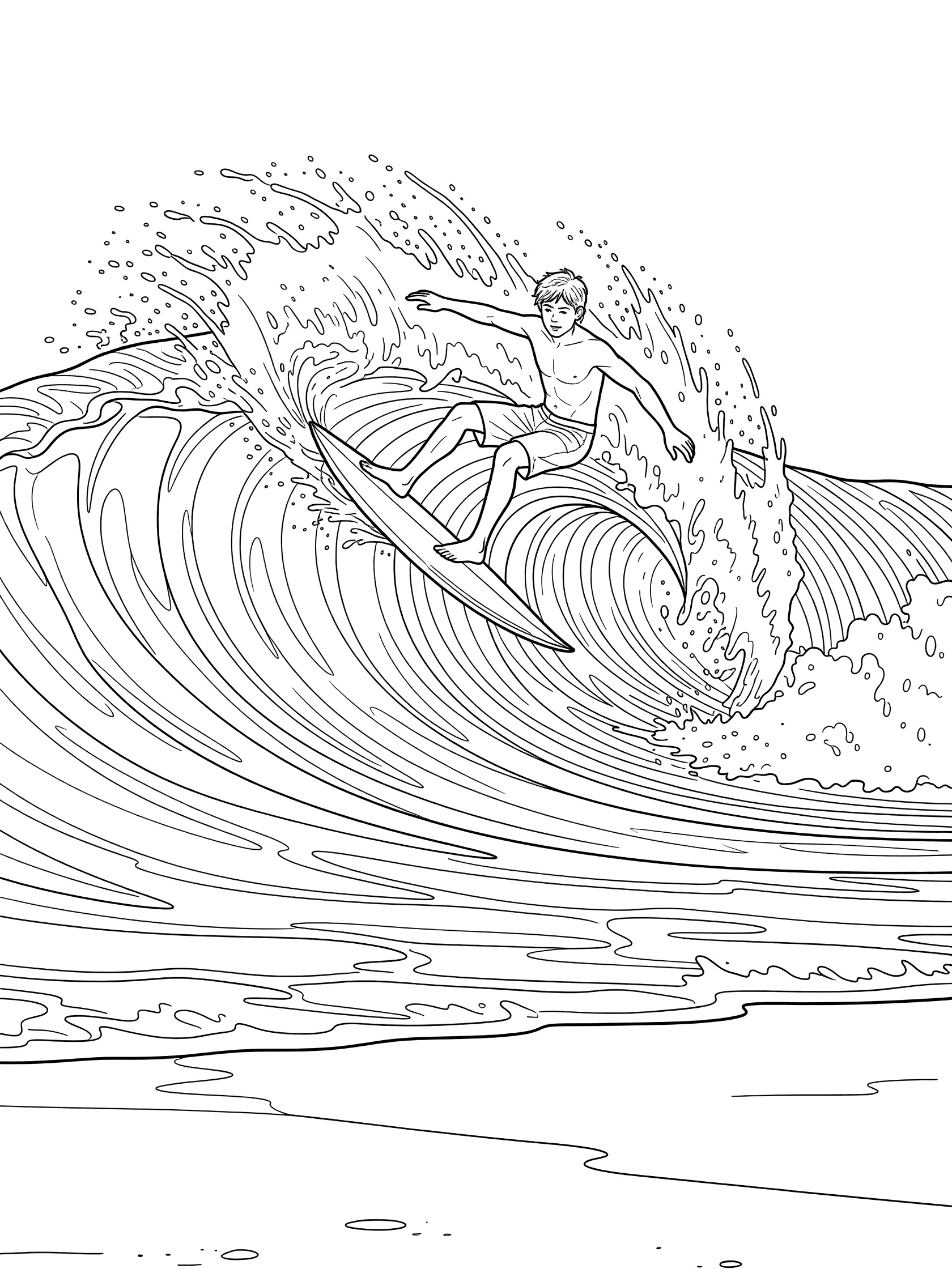 Line art coloring page showing a young surfer in swim trunks doing an aerial surfing move, jumping high off the lip of a big curling ocean wave with sea spray and shoreline below.