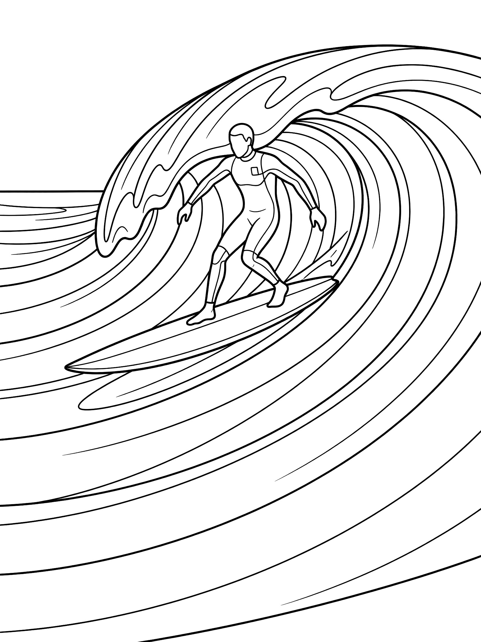Black and white line art of a surfer longboarding, walking forward on a long surfboard while riding a curving ocean wave.