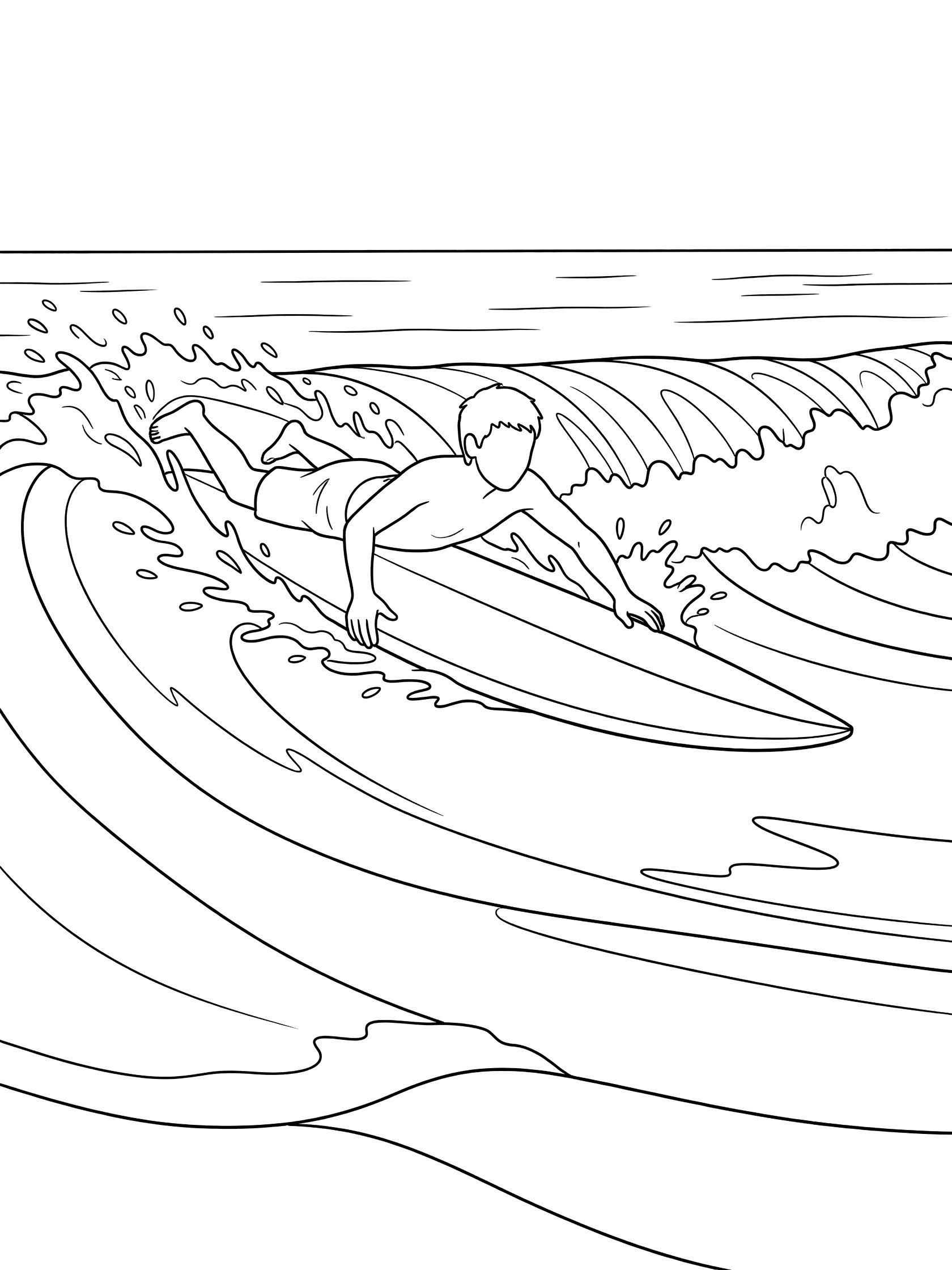 Black and white coloring page showing a surfer paddling on a long surfboard through splashing breaking waves with ocean horizon.
