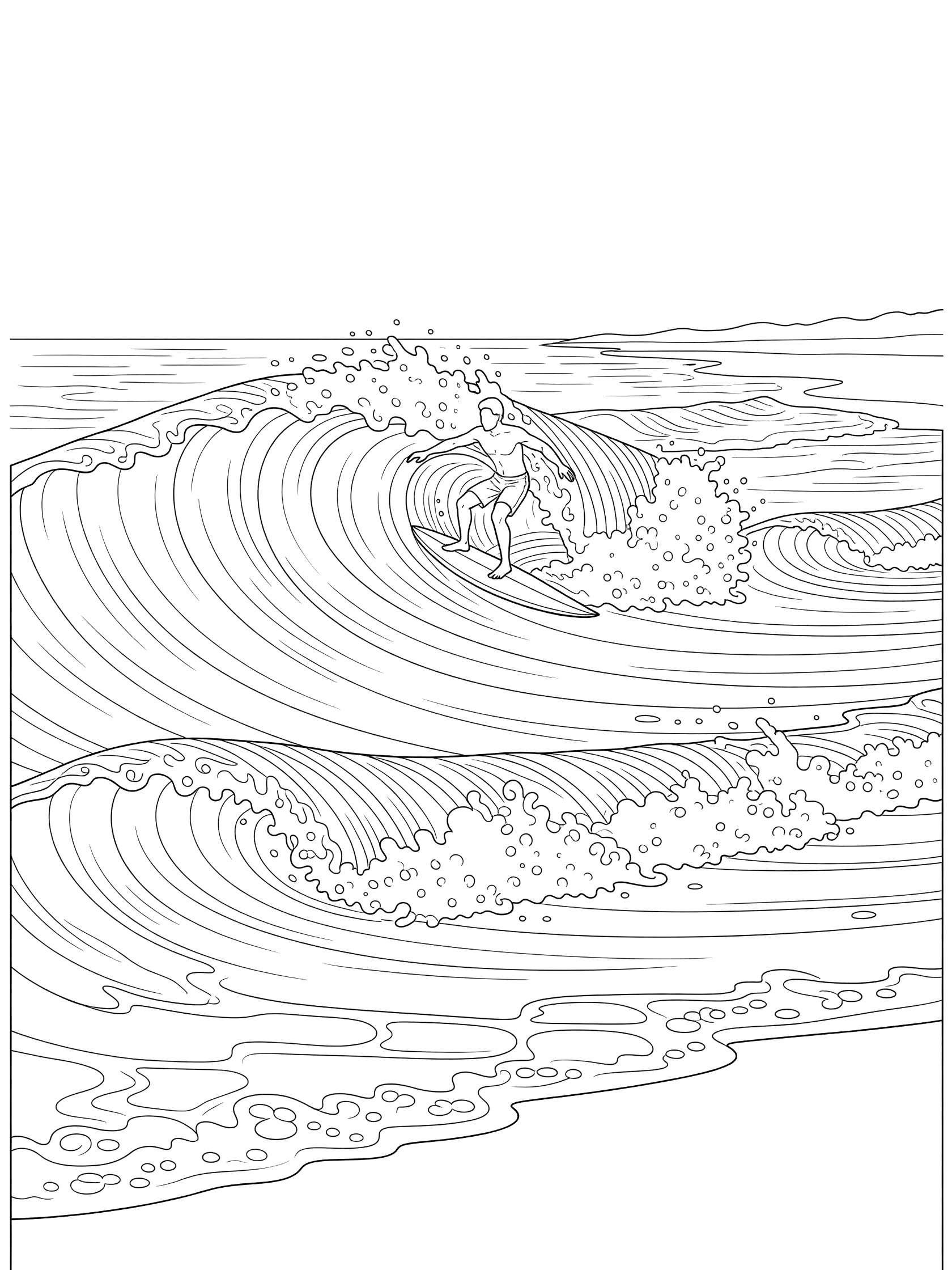 Line art coloring page showing a surfer doing a longboarding nose ride on the curling top of a big wave, with splashing foam and distant beach.