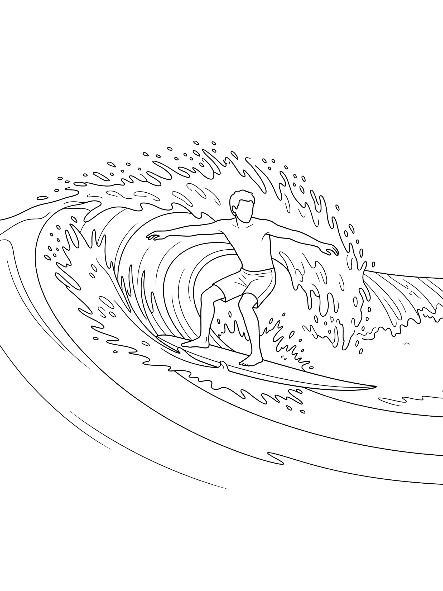 Black and white line art coloring page showing a surfer in longboarding action, popping up on a long surfboard as he catches a rising wave with spray in the air.