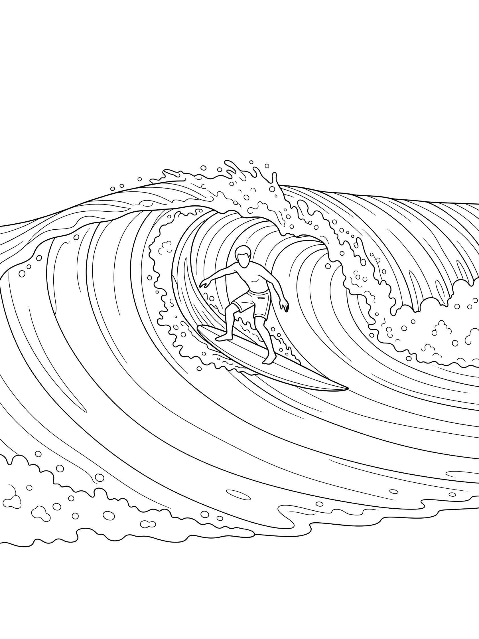 Black and white line art coloring page showing a surfer on a long surfboard trimming along the face of a curling ocean wave with foam details.