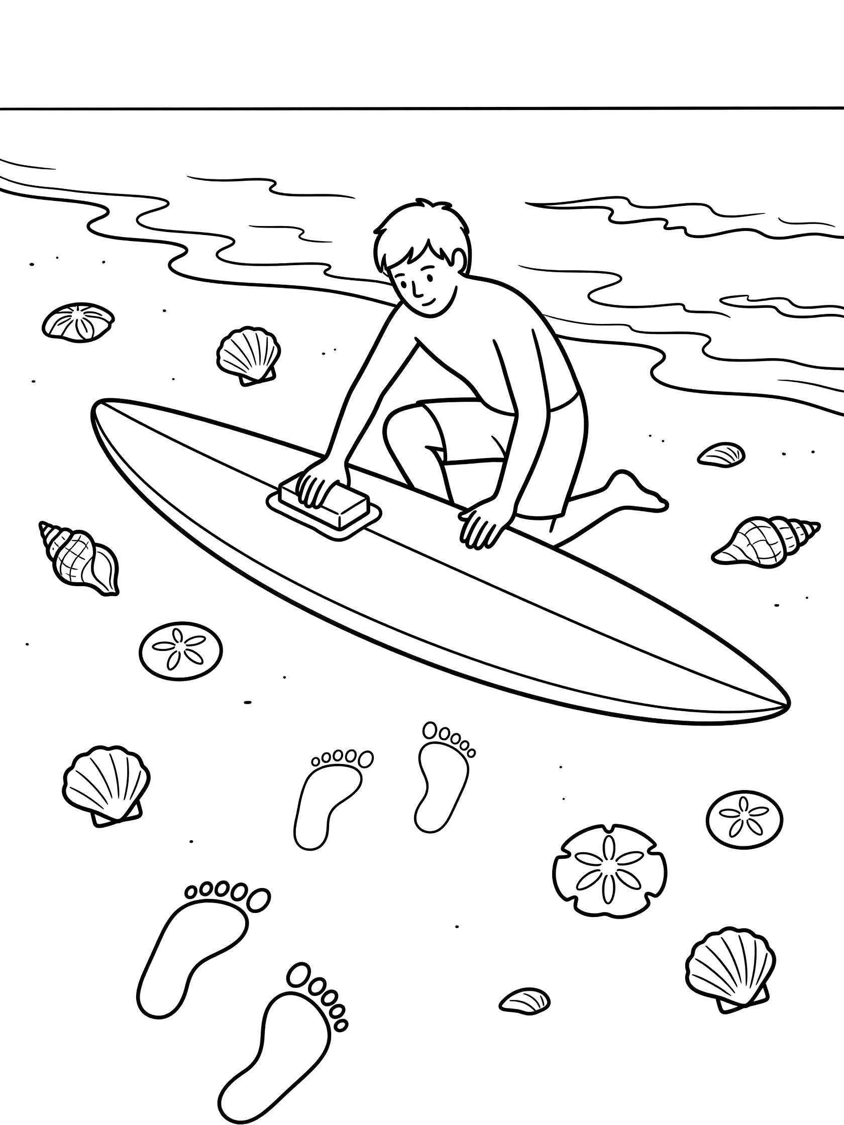 Black and white line art of a surfer kneeling on beach sand waxing a long surfboard with wax bar in hand, surrounded by seashells and footprints near ocean waves.