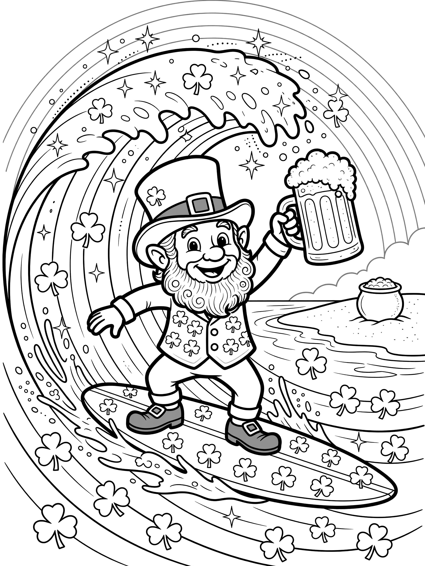 Black and white coloring page of a cartoon leprechaun with green hat and shamrock vest surfing a curling wave on shamrock-patterned board while holding a large beer stein, with rainbow and beach in background.