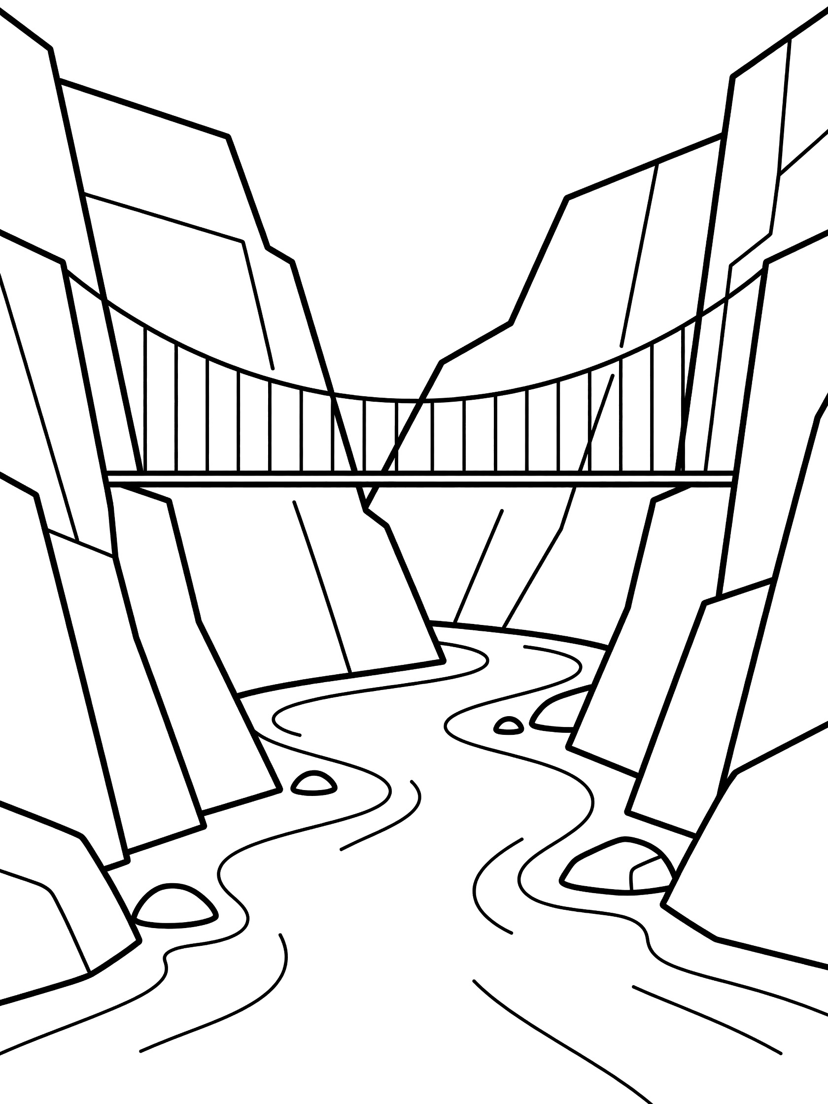 Black and white line art coloring page showing a simple suspension bridge over a narrow canyon, with geometric cliffs on both sides and a wavy river with rocks below. Colca Canyon themed black and white printable line art