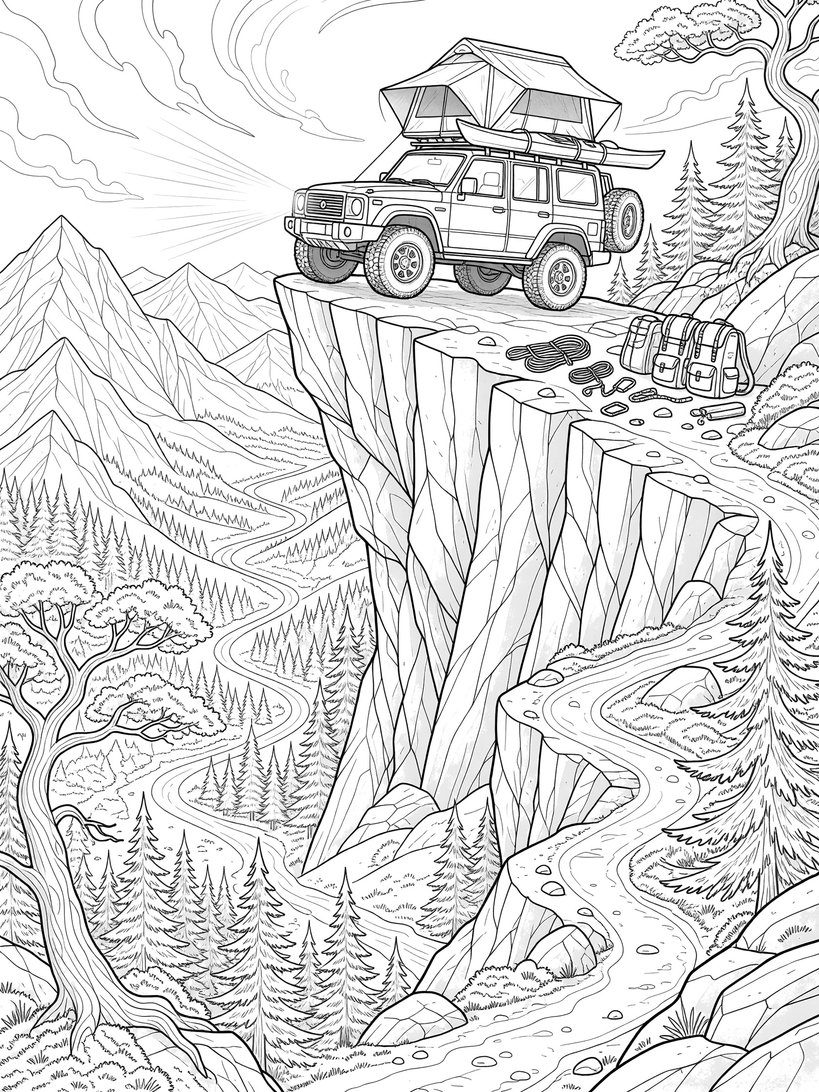 Black and white coloring page of a rugged SUV on a mountain summit cliff with pine trees, valleys, rooftop tent, spare tire, kayaks and backpack. SUVs themed black and white printable line art