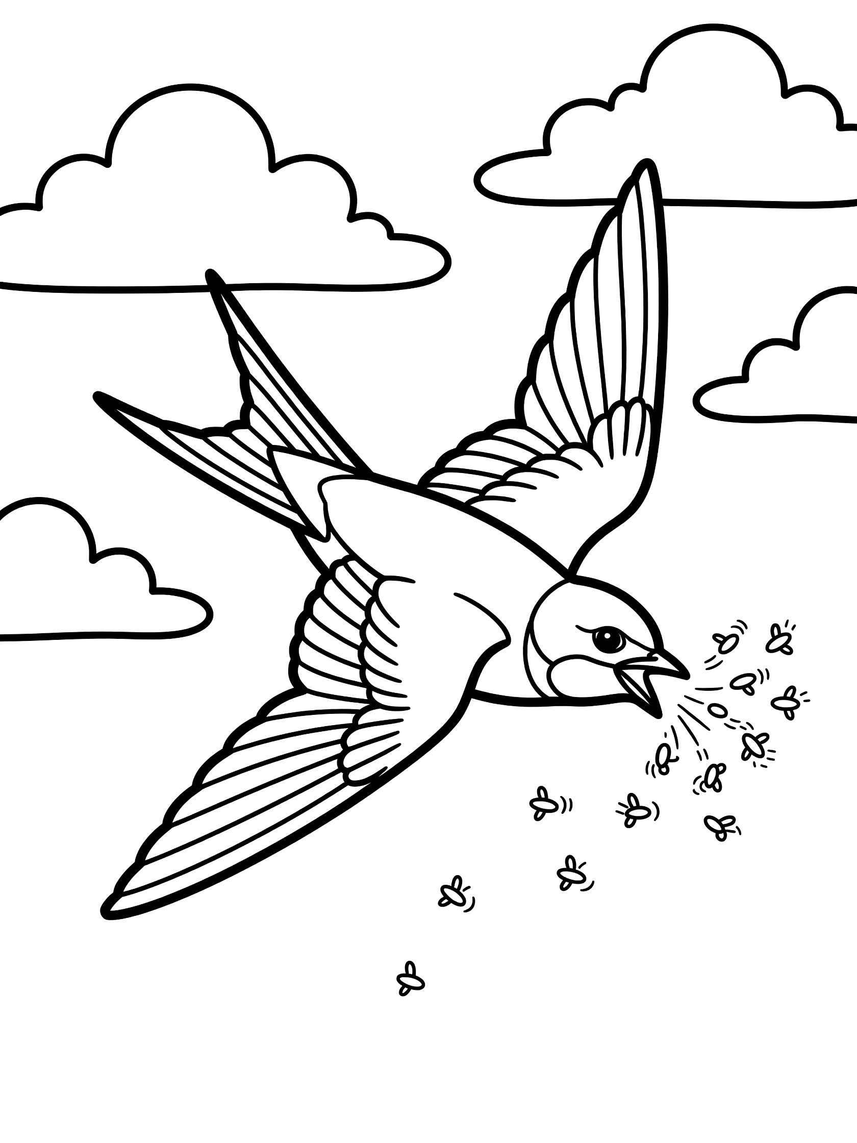 Black and white line art of a swallow bird in mid-dive catching bugs with its wide open beak, surrounded by fluffy clouds on a white background