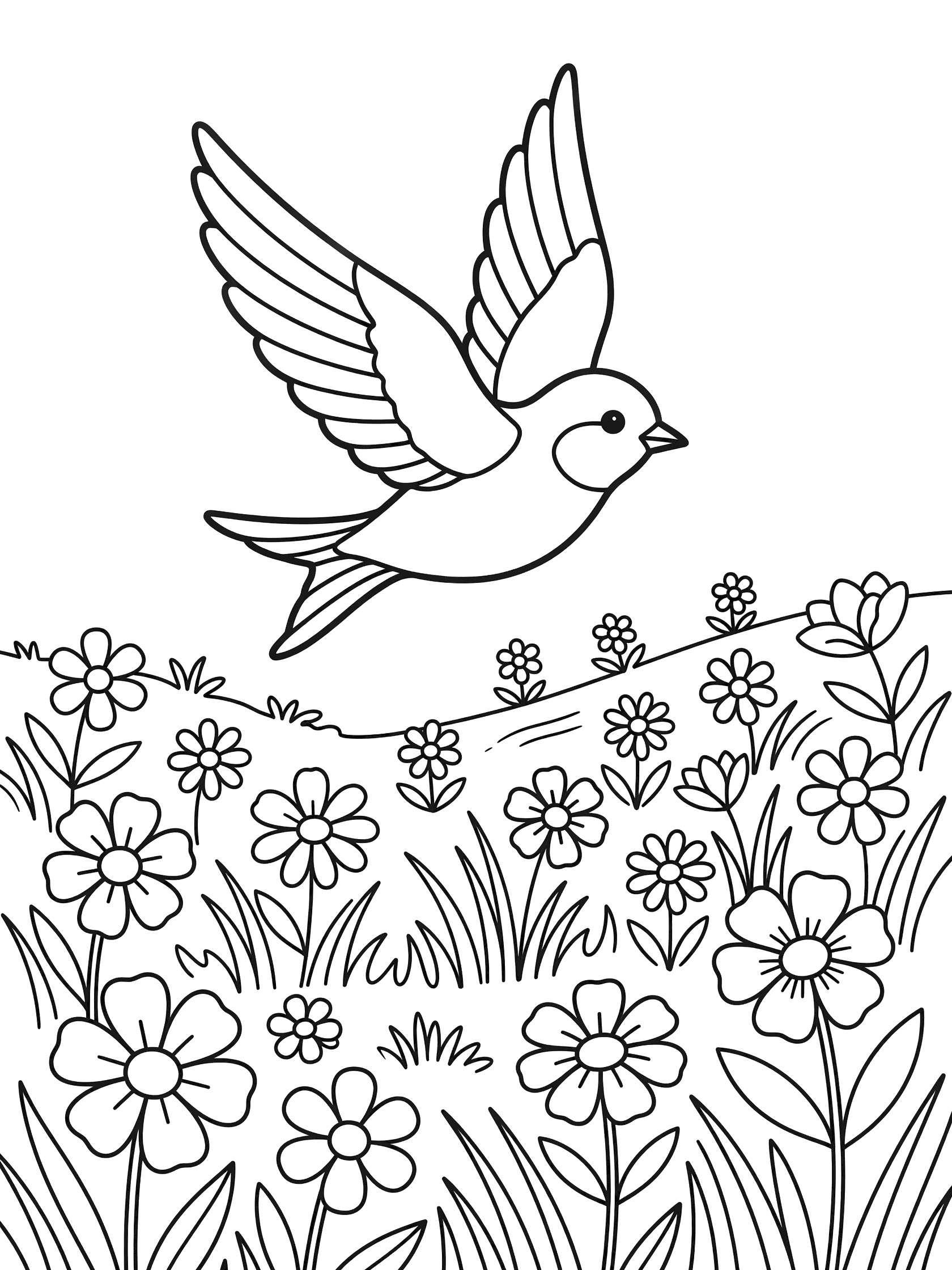 Black and white line art coloring page showing a swallow bird with wings spread flying above a field of flowers and wavy grass.