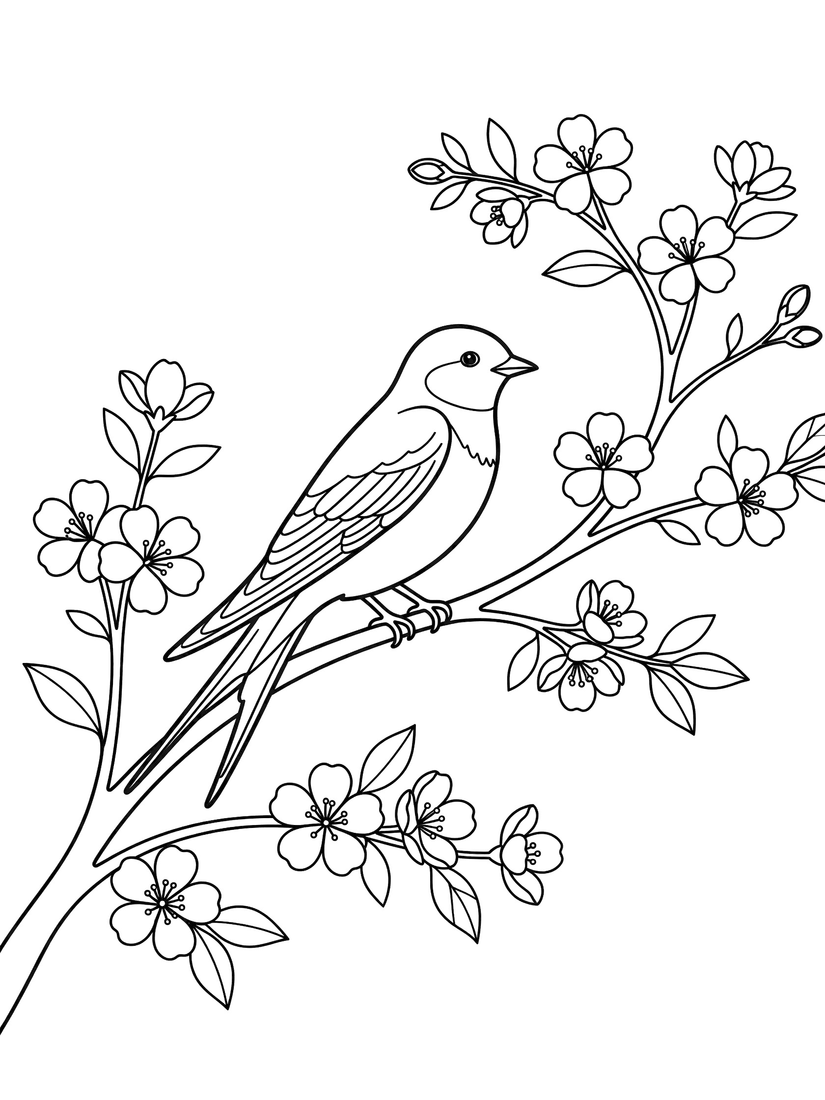 Black and white coloring page of a swallow bird perched on a curved branch with blooming flowers and leaves