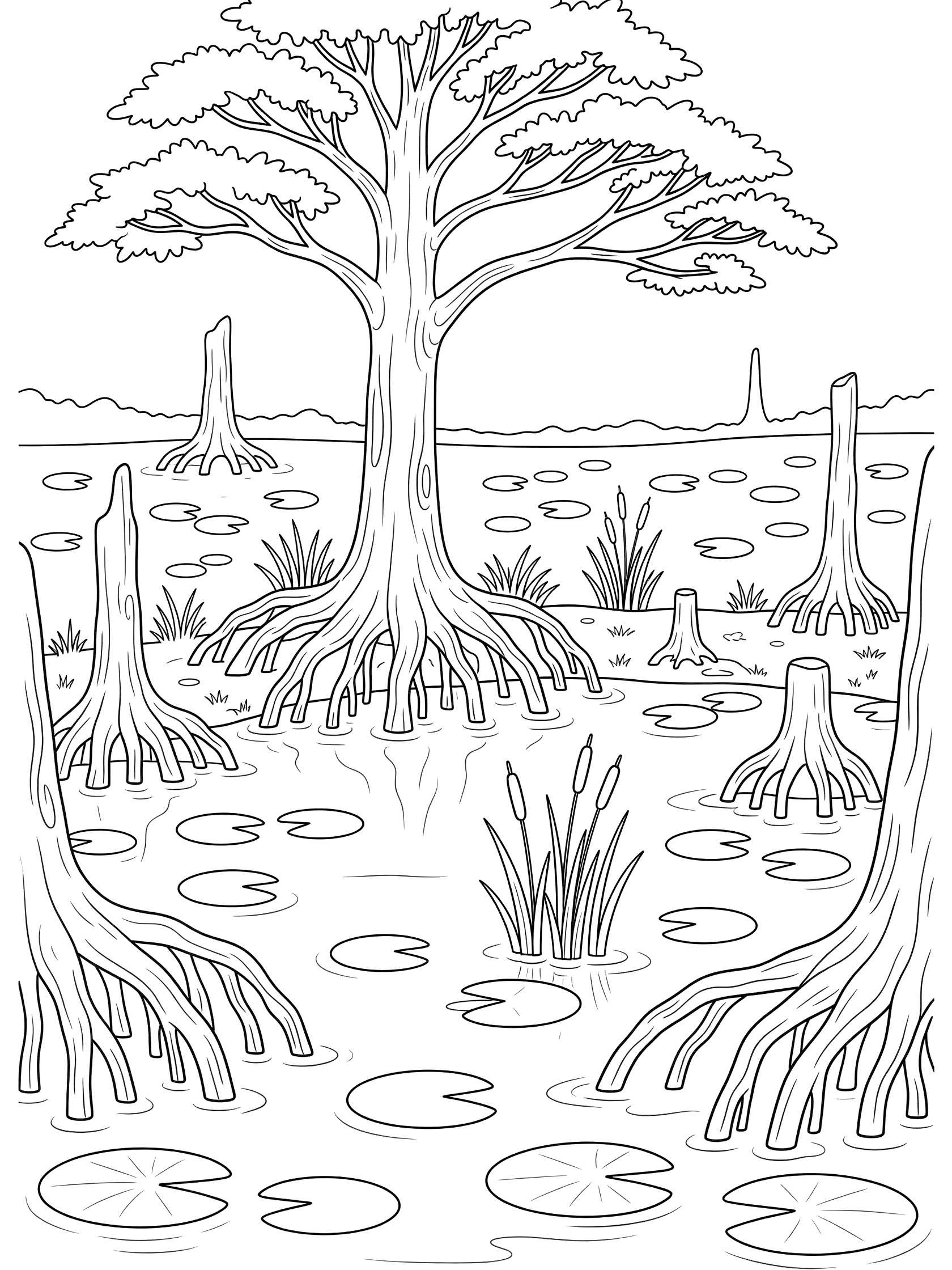 Black and white line art coloring page showing tall swamp trees with roots rising from calm pond water, surrounded by lily pads and swaying reeds. Cypress Tree themed black and white printable line art