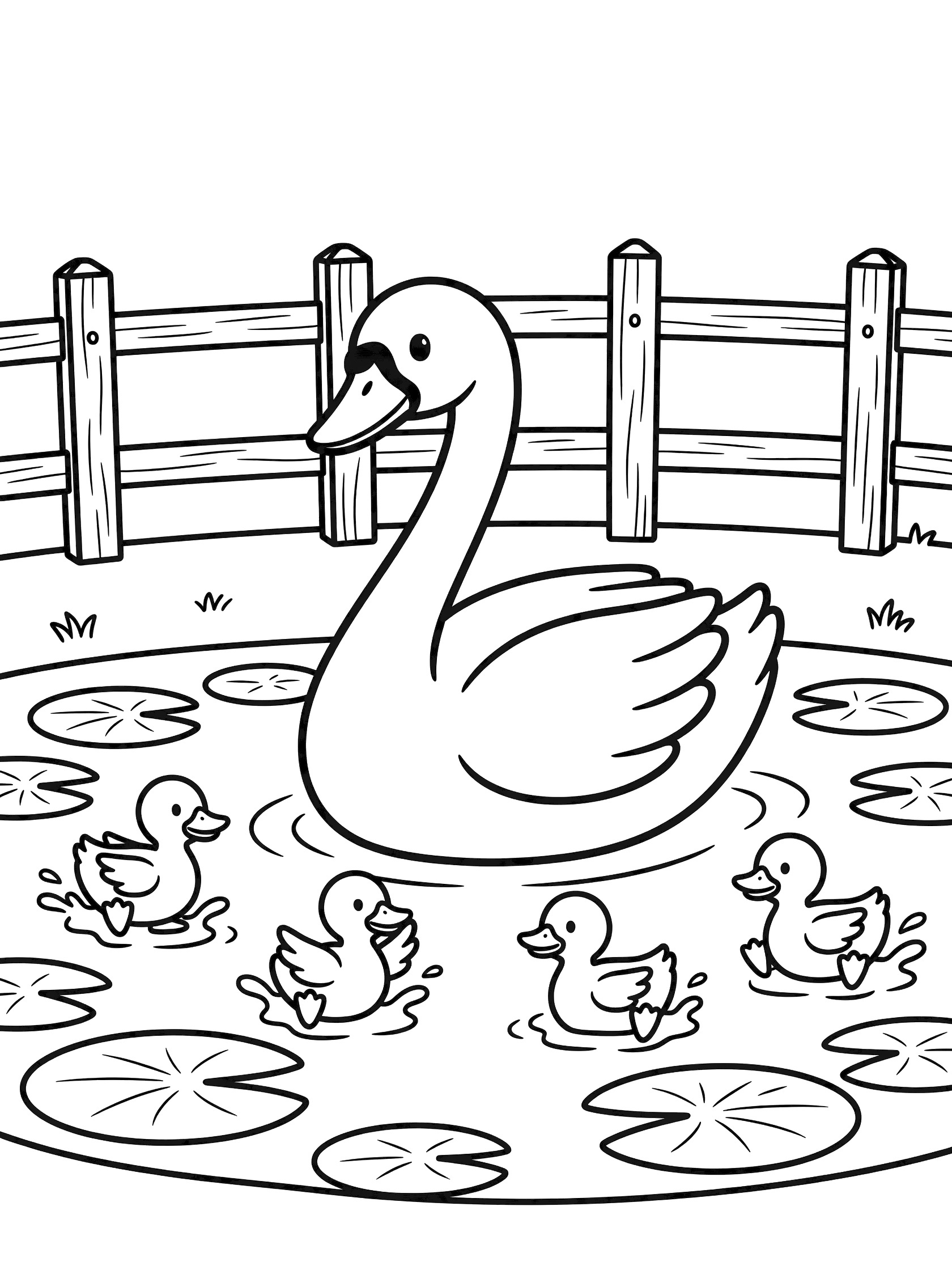 Black and white line art coloring page showing a large swan swimming with four small ducklings around lily pads in a pond, wooden fence in background.