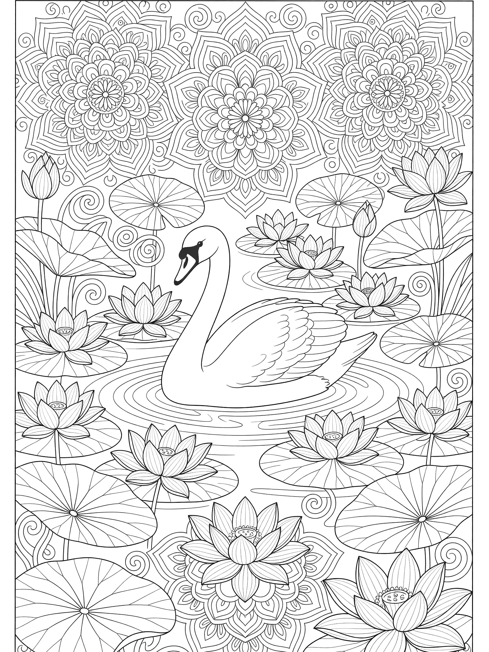 Black and white line art of a swan in a pond with blooming lotus flowers, leaves, and mandala patterns. Lotus Mandala themed black and white printable line art