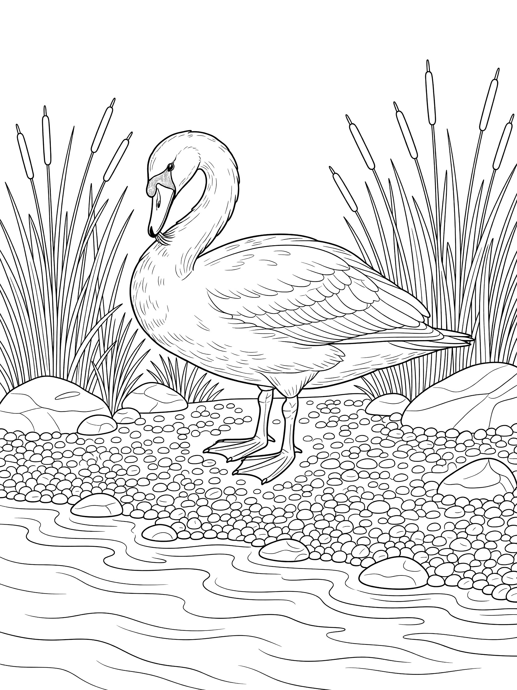 Black and white printable coloring page of a swan preening its feathers with beak on a pebbled shore near water waves, tall reeds, and rocks.