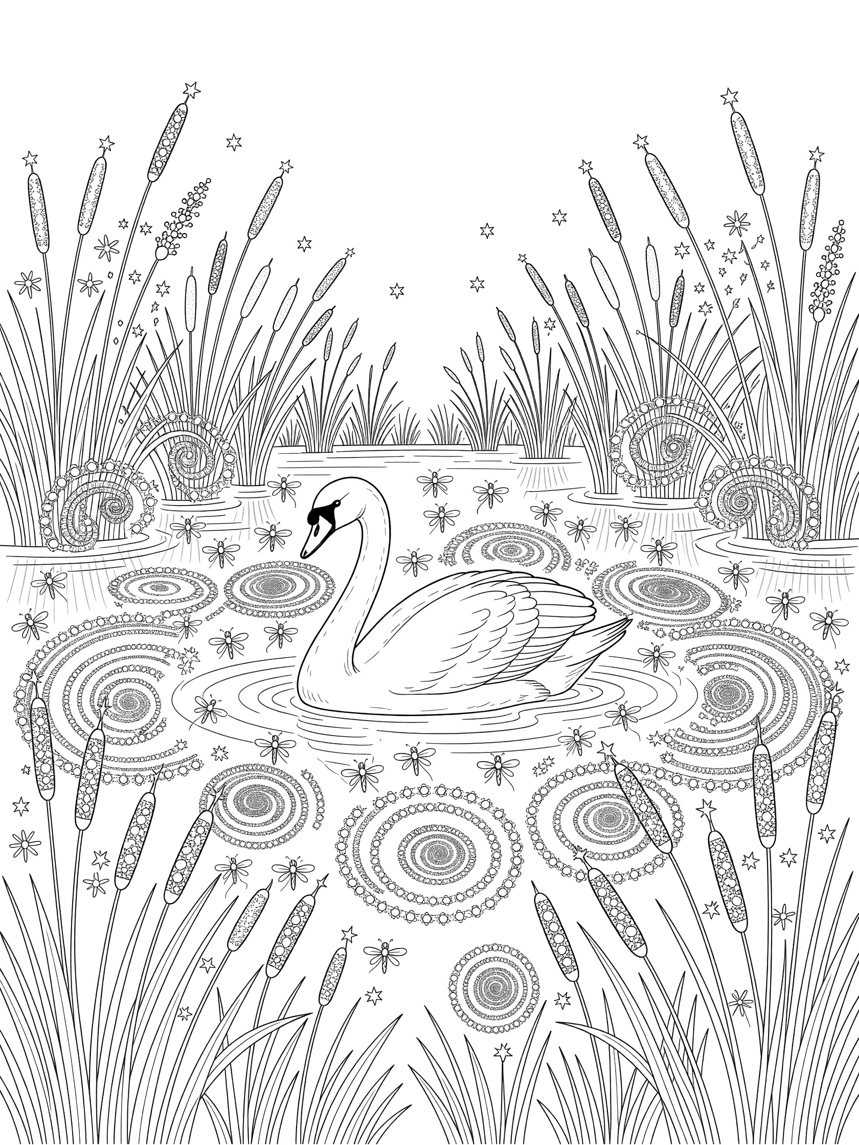 Black and white line art of a swan on a pond surrounded by reeds and circular patterns