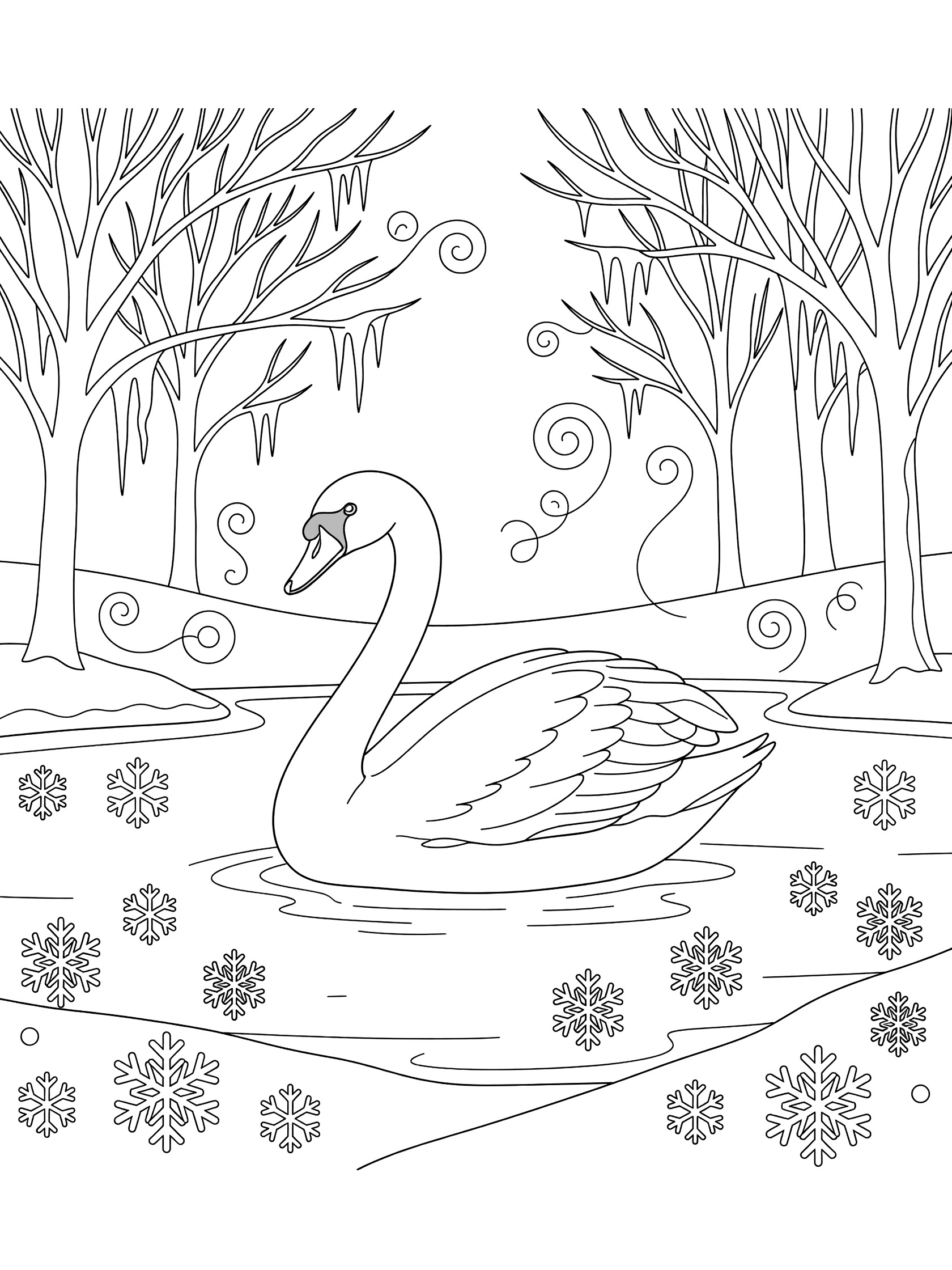 Black and white coloring page of a swan swimming in a snowy pond surrounded by bare trees, icicles, snowflakes, and doodle swirls