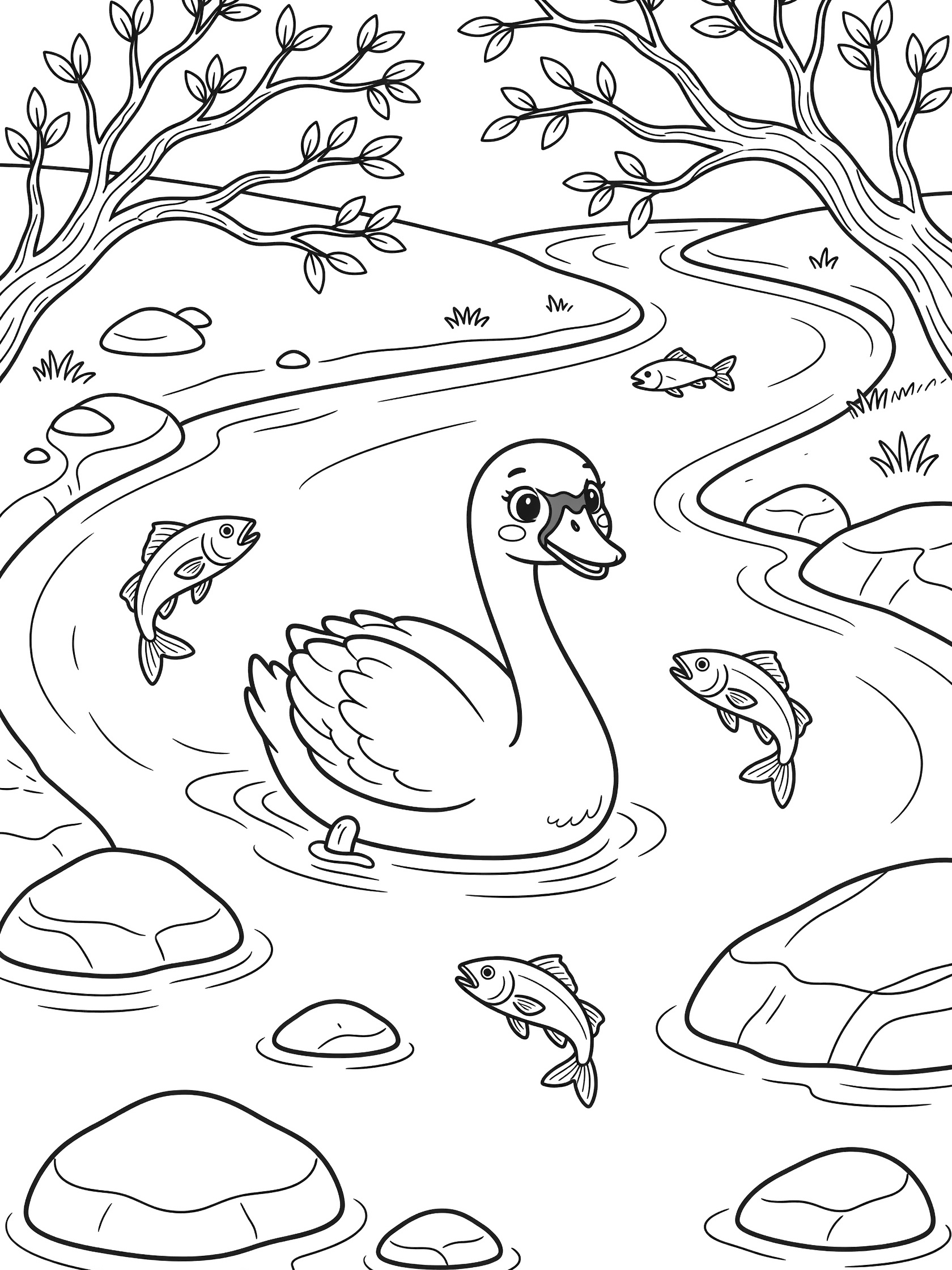 Black and white line art of a happy swan swimming in a river bend with jumping fish, rocks, grass, and overhanging tree branches.