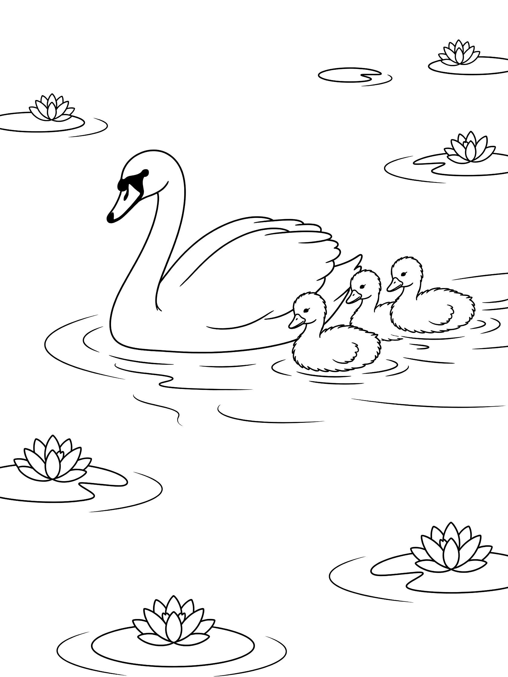 Black and white coloring page of a parent swan swimming with three fluffy baby swans on a lake with water lilies and gentle waves.