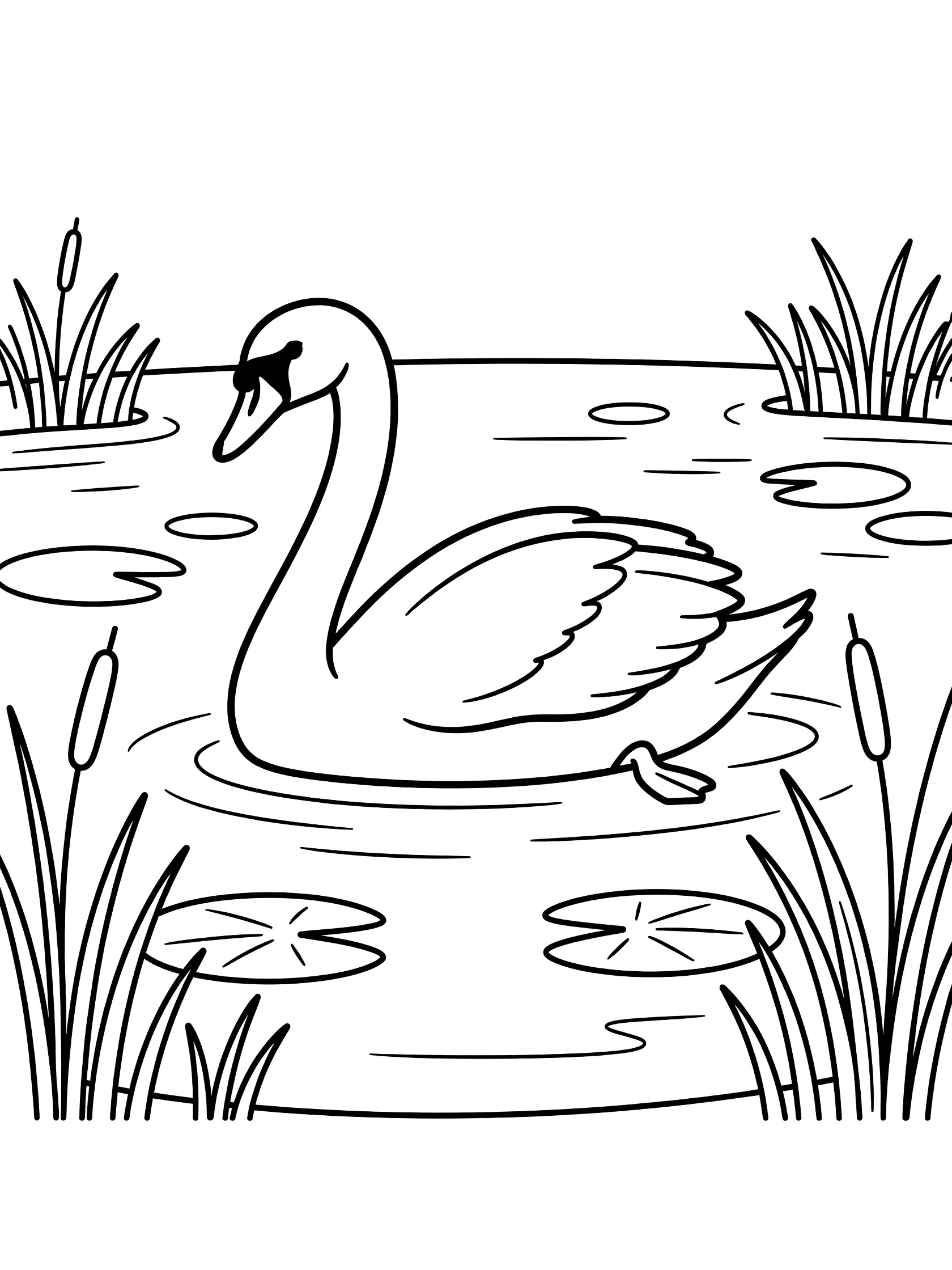 Black and white line art coloring page showing a swan with sunglasses gliding on a pond surrounded by lily pads and reeds.