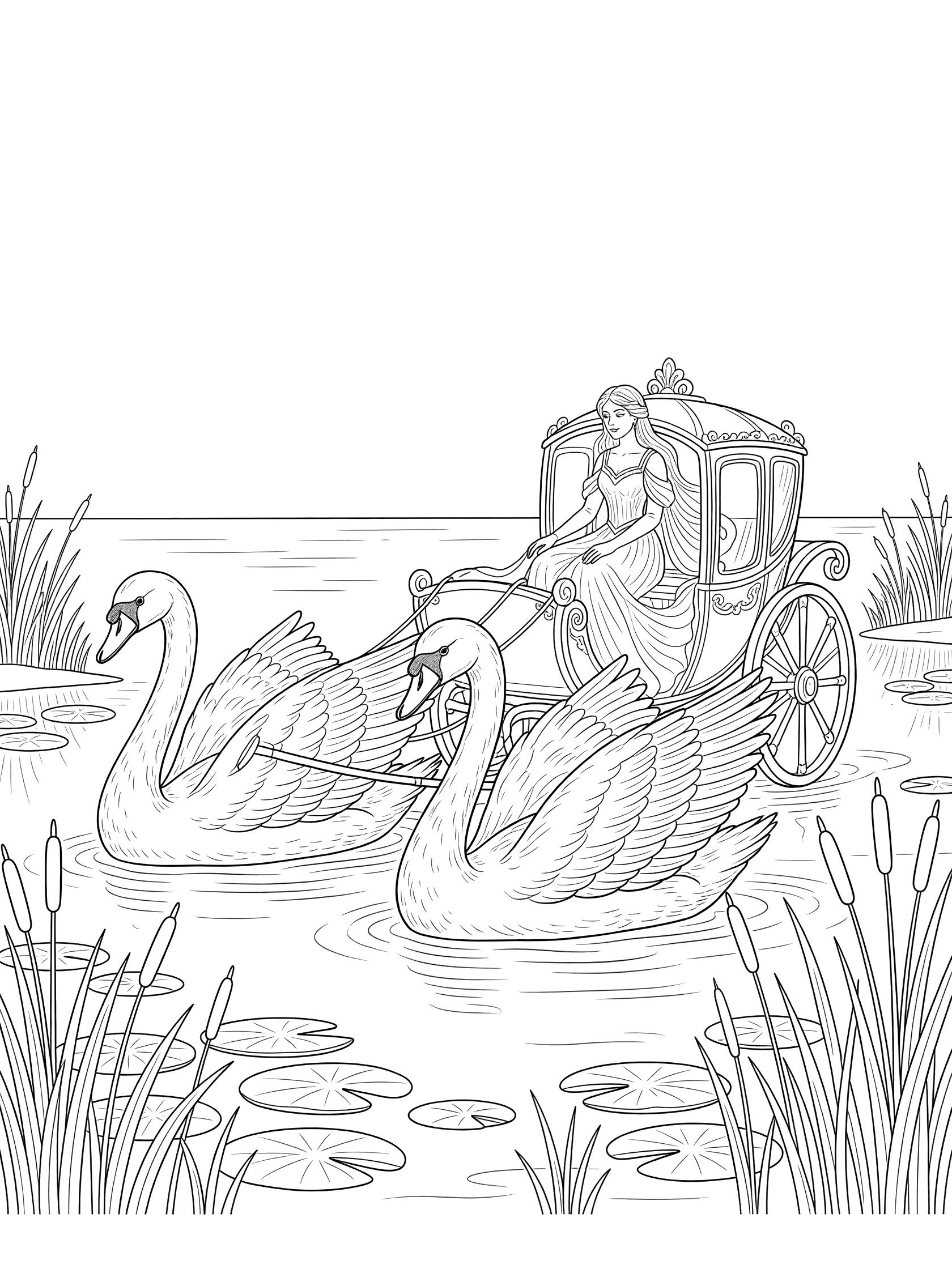Black and white line art of a princess sitting in an elegant carriage pulled by four swans across a lake with lily pads and reeds.