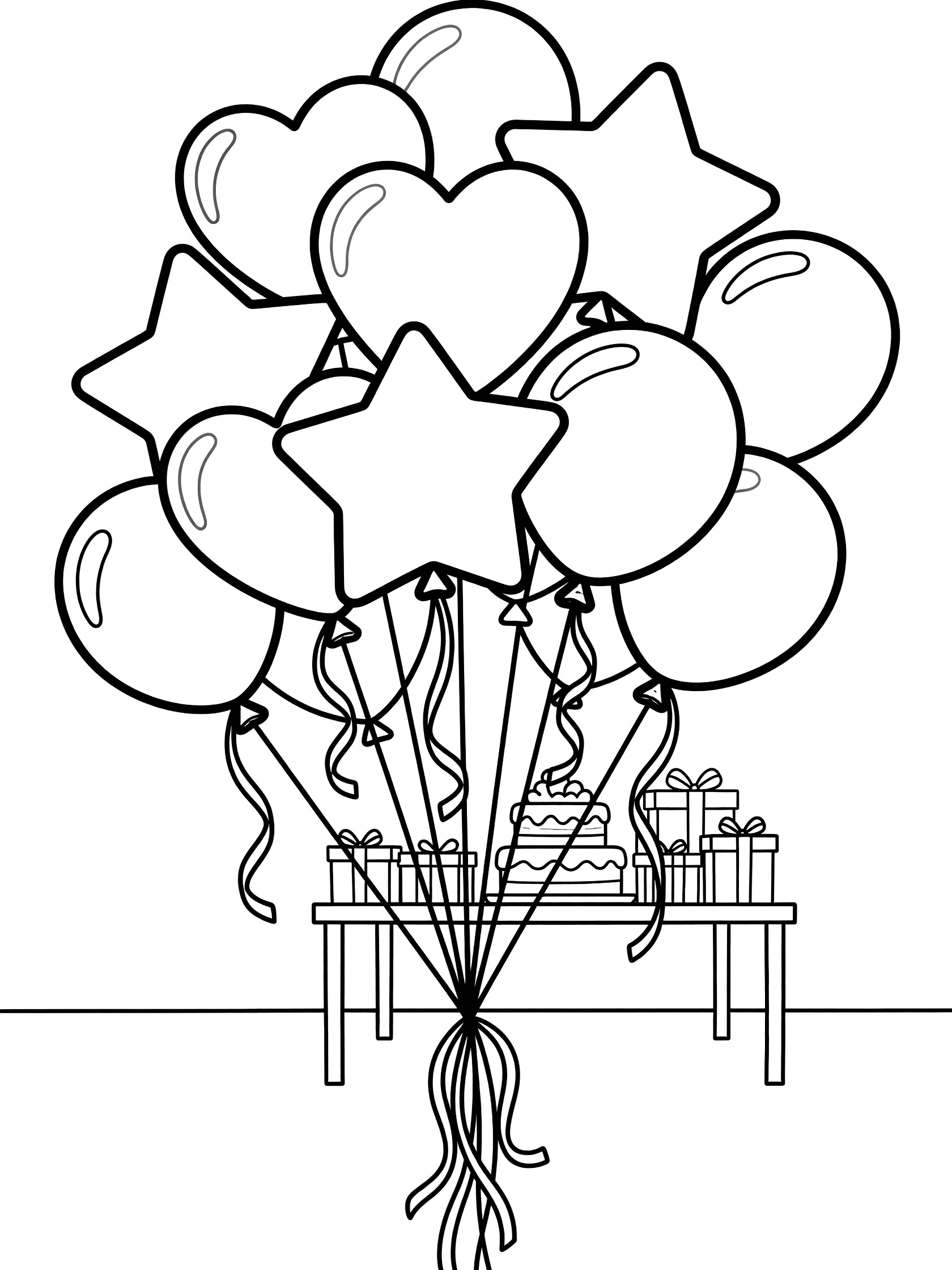 Black and white coloring page showing a large Sweet 16 balloon bouquet of heart-shaped, star-shaped and round balloons with ribbons, next to a table with layered cake and wrapped gifts.