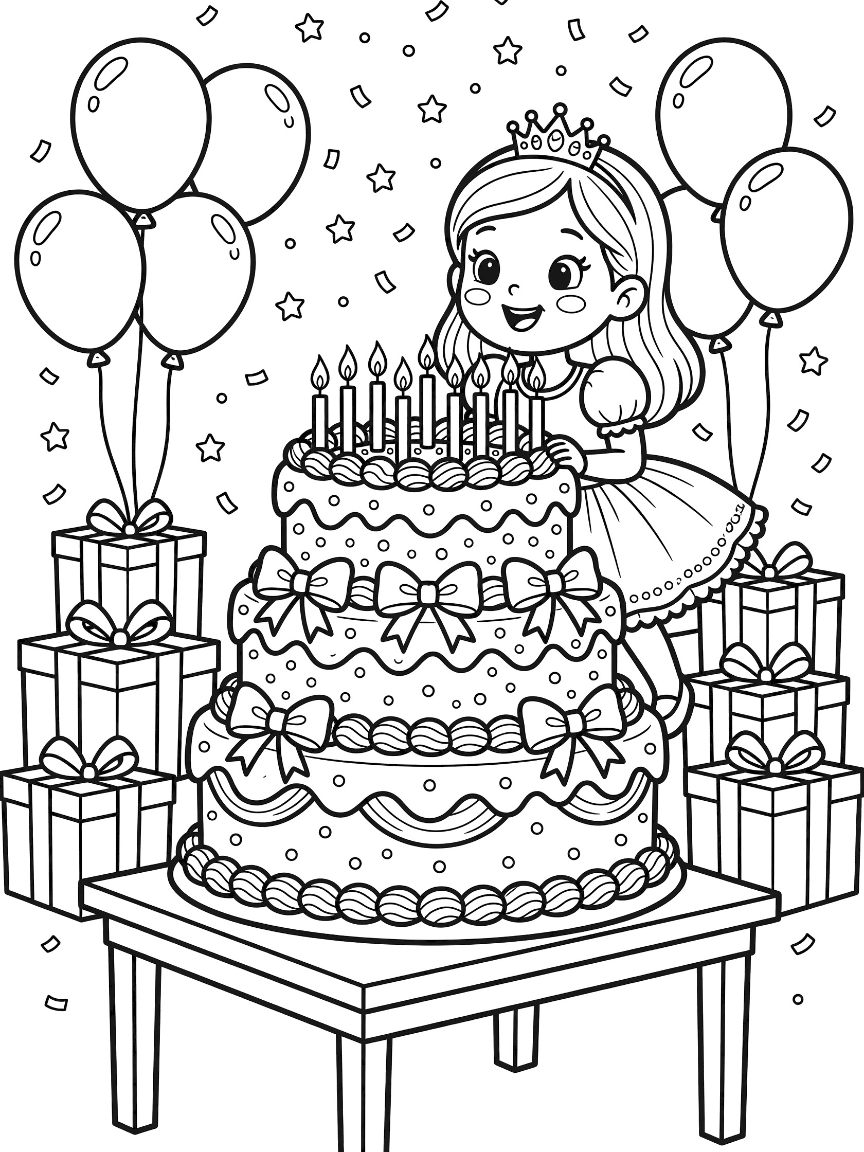 Black and white line art coloring page showing a happy girl wearing a tiara and dress, leaning over a tall three-tier cake with 16 candles, surrounded by balloons, gifts, and falling confetti on a party table.