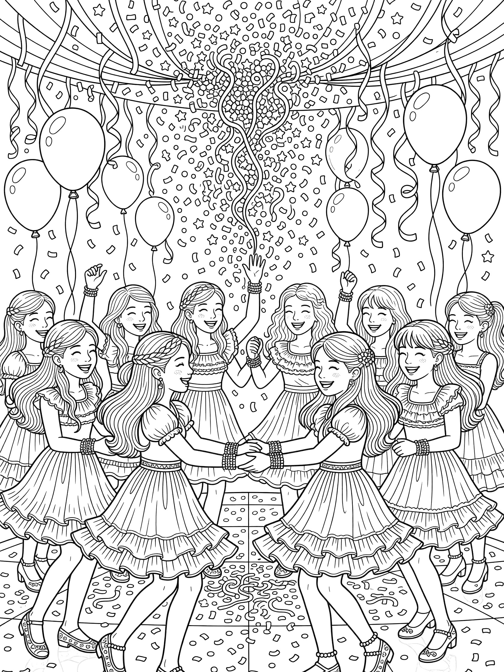 Sweet 16 coloring page showing girls holding hands and dancing happily on a glossy floor with falling confetti, balloons, and streamers