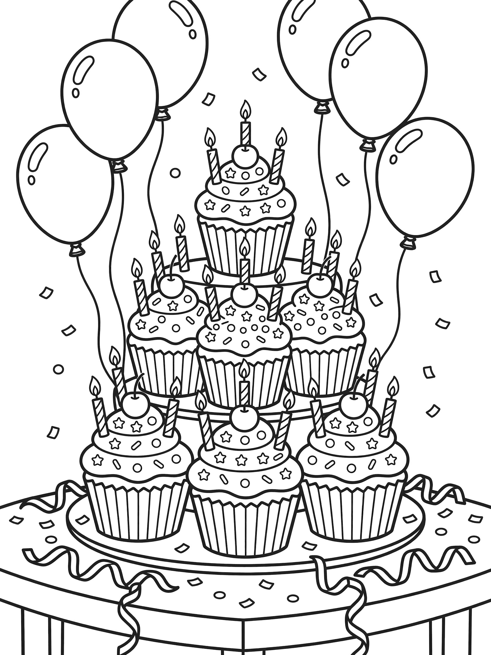 Black and white line art of a Sweet 16 cupcake tower on a party table with three tiers of cupcakes, 16 candles, floating balloons, streamers, and confetti.